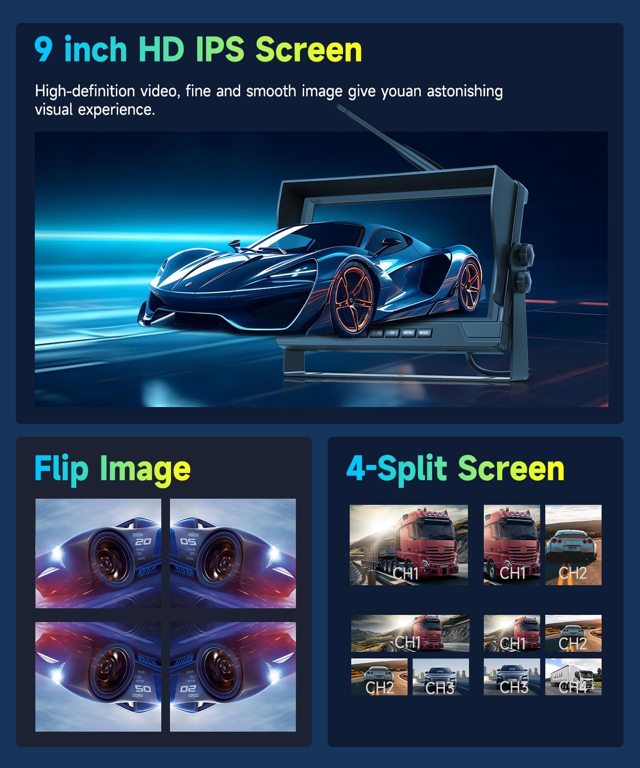 VECHTEL Kit Telecamera Posteriore IPS HD 9 Pollici senza Fili con 2 Telecamera, BSD/DVR, Telecamera Retromarcia Auto Wireless Impermeabile IP68 con Visione Notturna per Camion, Camper, Furgoni