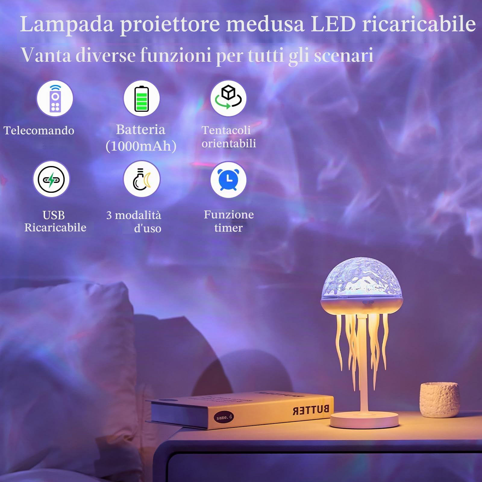 Lampada a forma di medusa, proiettore di onde dell'oceano con meduse, luce notturna USB, lampada d'atmosfera con tentacoli danzanti, proiettore da soffitto a 7 colori, luci settentrionali