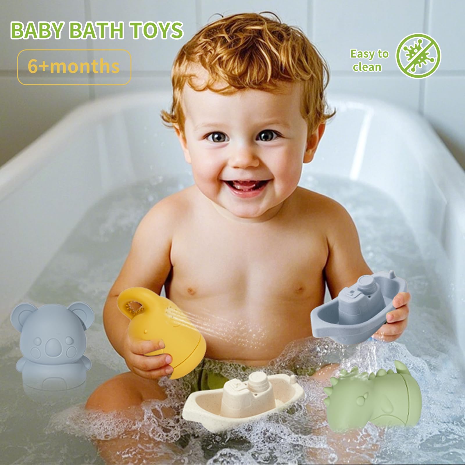Mold-Free Baby Bath Toys | 9PCS Floating Boats & Squeeze Toys for Babies 6-12M & Toddlers 1-3Y | Non-Toxic Bathtub, Pool & Water Table Toys | Silicone Sensory Bath Play with Safe Stacking Boats