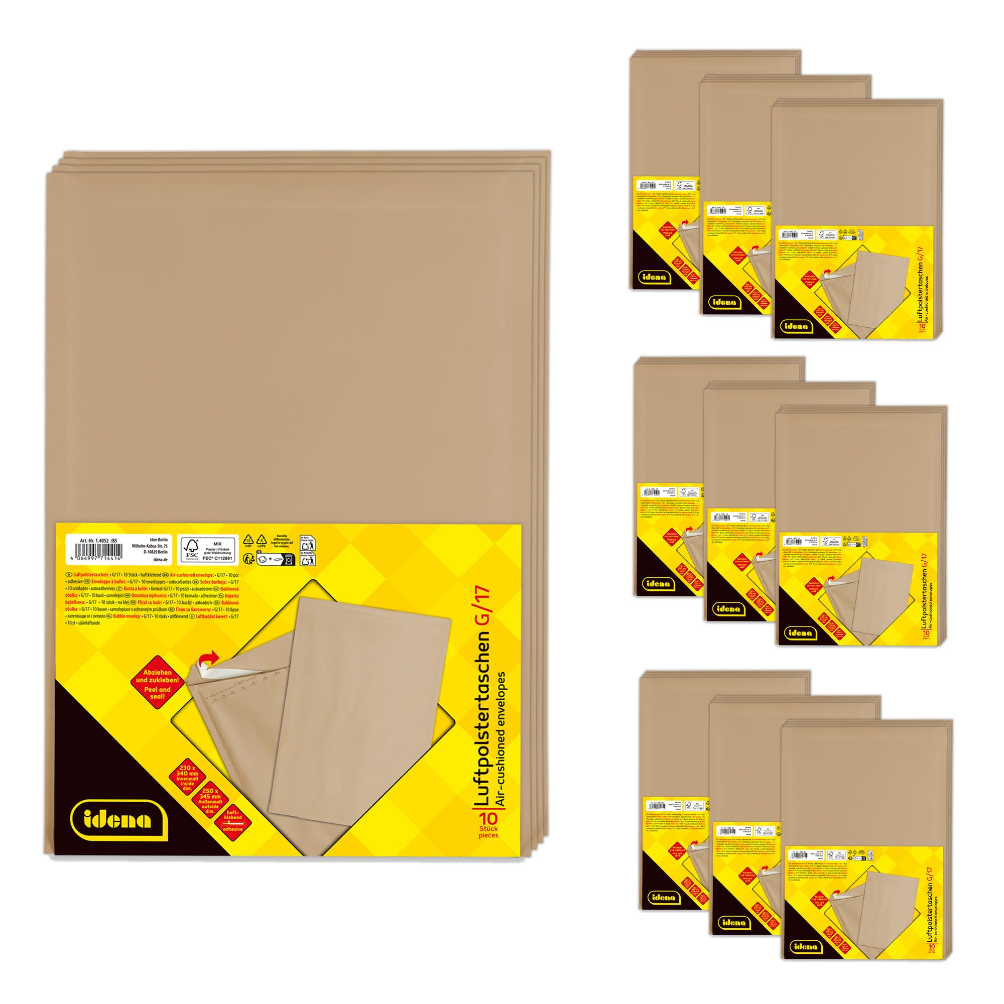 Idena 90579 - Enveloppes matelassées G/17, 100 pièces de 25 x 34,5 cm, enveloppes d'expédition autocollantes, enveloppes matelassées en papier FSC-Mix, couleur marron