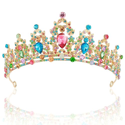 SuPoo Tiaras para mujer, corona de cumpleaños, corona dorada, corona de princesa de diamantes de imitación coloridos, corona de reina de metal para