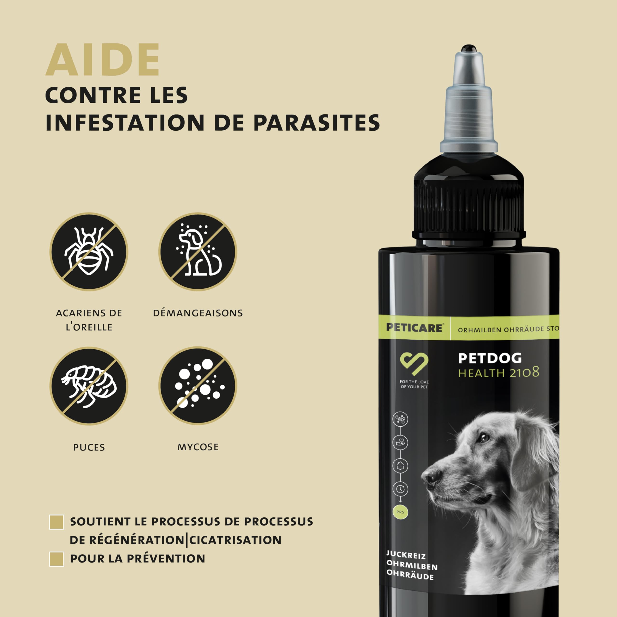 Peticare Chien Traitement Anti-Acariens des Oreilles - Nettoyant Auriculaire, Gouttes Efficaces Contre Parasites, Soulage Inflammation, Solution Démangeaisons de l'oreille - petDog Health 2108