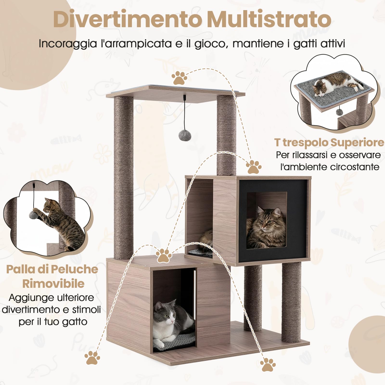 COSTWAY Tiragraffi per Gatti in Legno 94 cm con Sisal e Condo | Albero per Gatti da Interno con Posatoio, Gioco Appeso, Cuscini Rimovibili e Tappetino per Gatti Adulti e Cuccioli