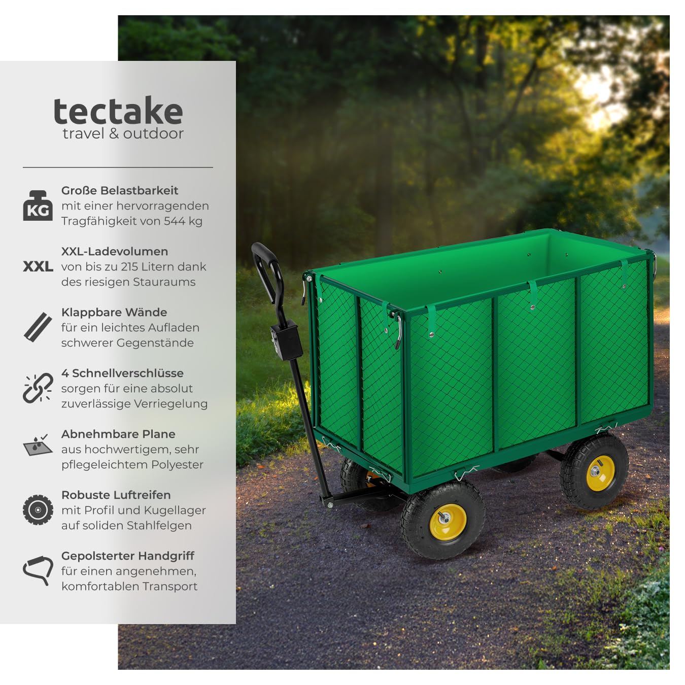 tectake® Bollerwagen, mit Seitenwänden klappbar, Handwagen, Transportwagen zum Anhängen und Ziehen, hochbelastbar bis 544kg, als Einkaufstrolley, Transportkarre, Rollwagen, Strand Bollerwagen