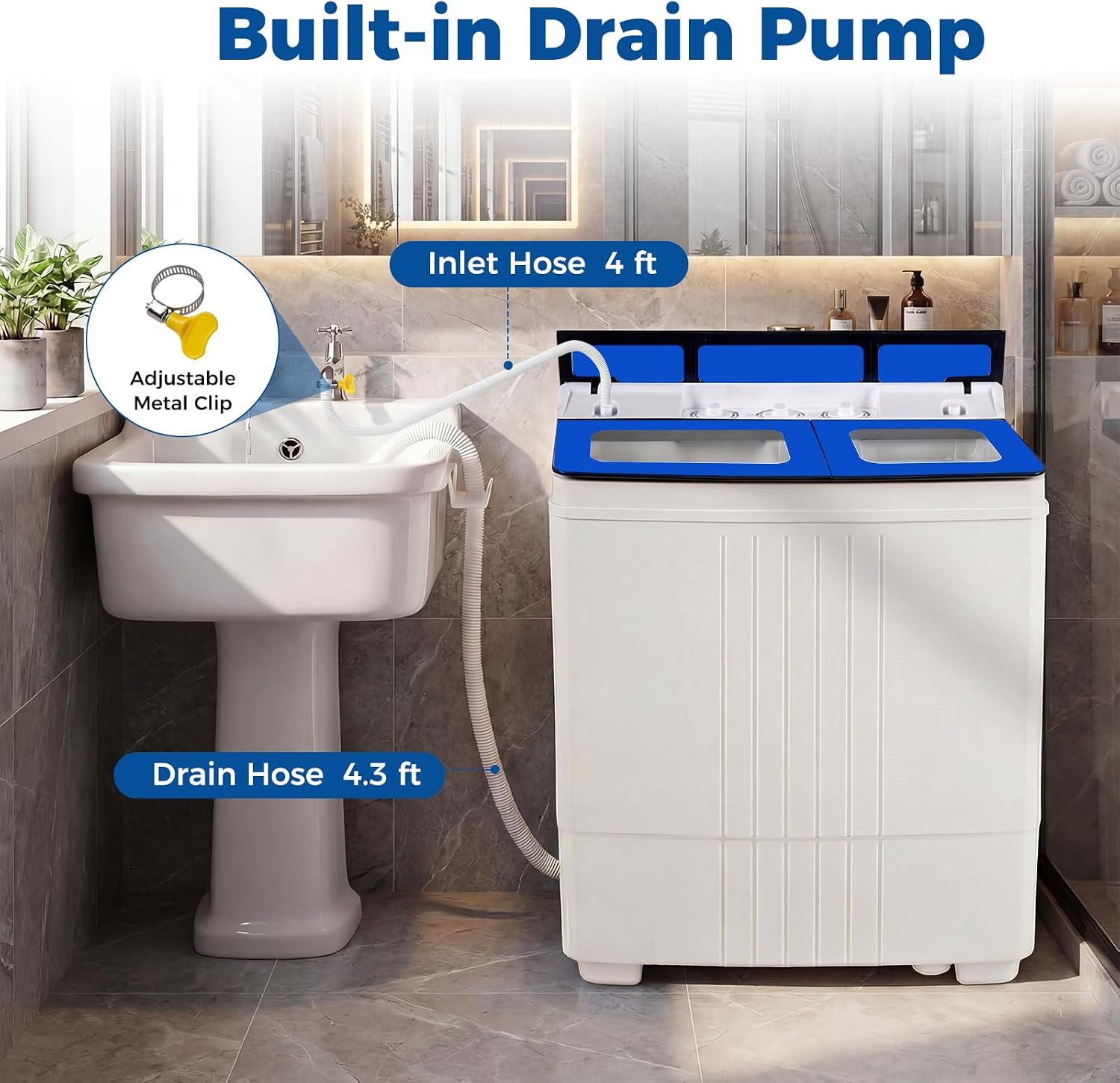 COSTWAY 20Lbs Portable Washing Machine with Built-in Drain Pump, Blue