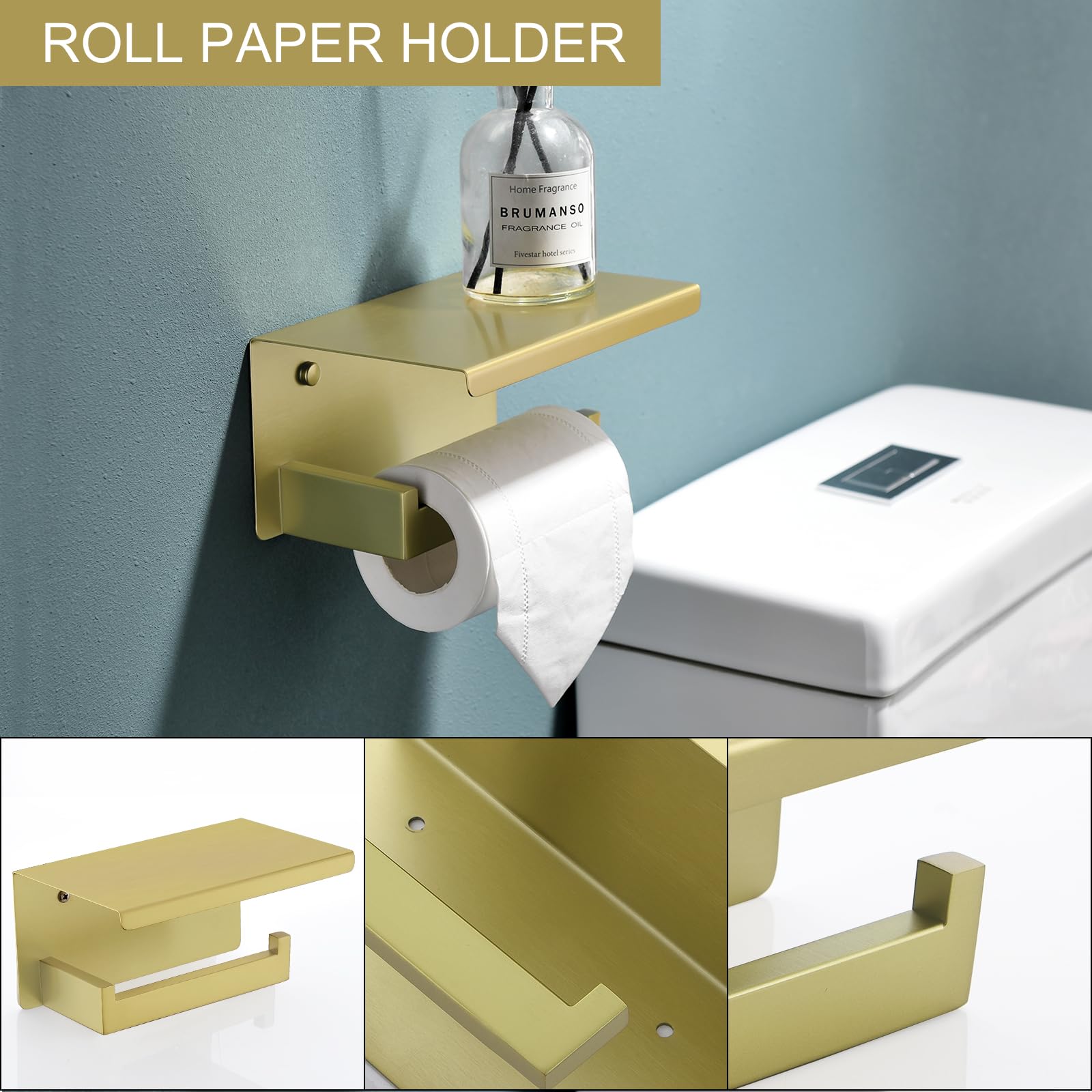 Set di 6 pezzi di accessori da bagno in oro chiaro spazzolato Set di portasciugamani doppio barra portasciugamani anello appendiabiti e porta carta igienica con mensola Set di accessori da bagno