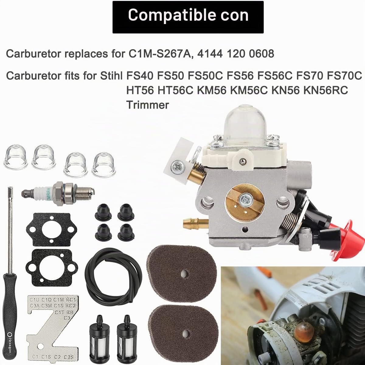 ZAMDOE Carburador FS56RC FS40 para Stihl FS40 FS50 FS56 FS70 FC56 FC70 HT56 HT56C KM56 KM56RC KN56 Recortadora recortadora de césped, reemplaza # C1M-S267A, 4144 120 0608