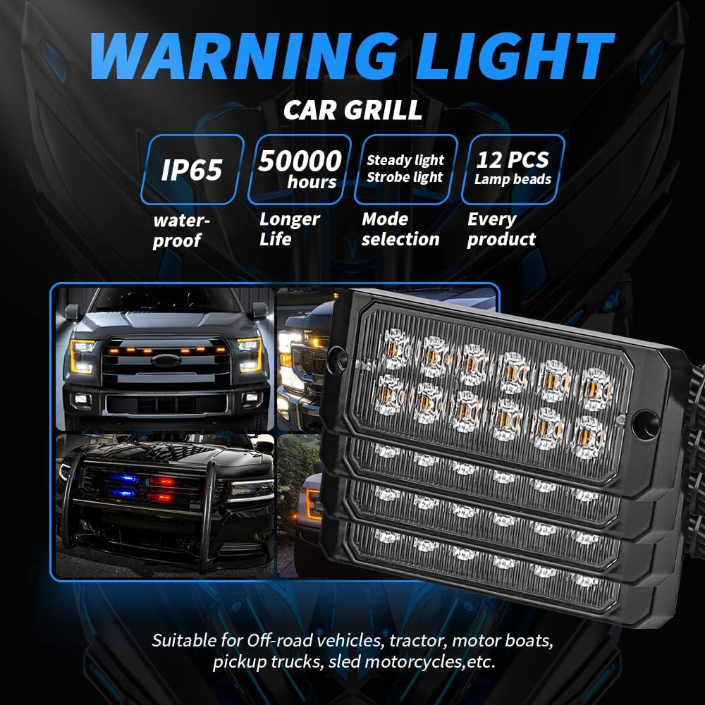 48LEDs Super Bright LED Emergency Strobe Warning Lights Kit for Cars, Caution Hazard Beacon Light Bar LED Emergency Strobe Flashing Safety Lights with 18 Different Flashing (Blue)