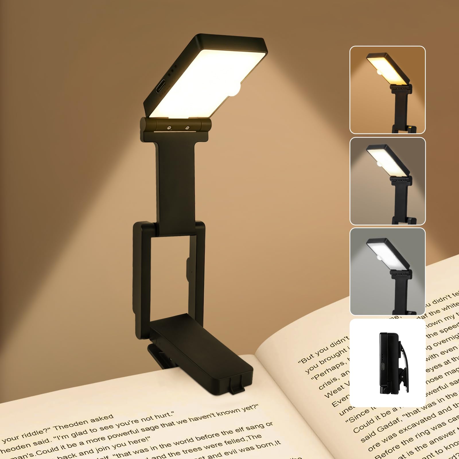 Luz de libro recargable, luces de lectura para libros en la cama, cuidado de los ojos, 3 colores, atenuación continua, memoria, plegable en 180°, ligera, luz de lectura portátil con clip para