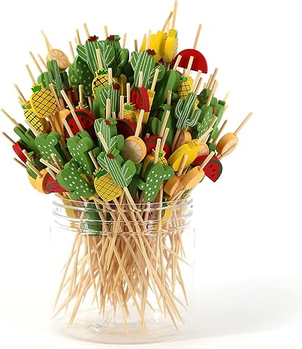 PARTYHIPPO Paquete de 200 palillos de cóctel de bambú  Palillos de frutas tropicales de 4.7 pulgadas para aperitivos, frutas, queso, bebidas,