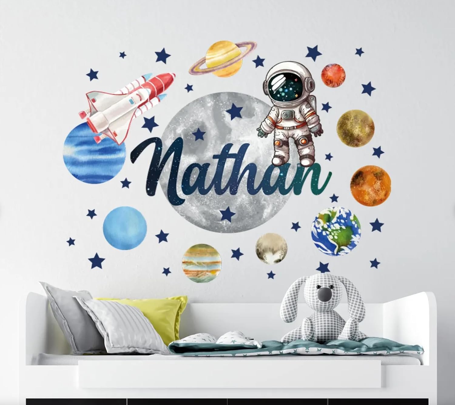 Personalized Boy Name Wall Decal - Watercolor Astronaut in Space - Boys Bedroom Decor with Planets and Stars - Space Themed Name Decal Above Crib - Custom Vinyl Art