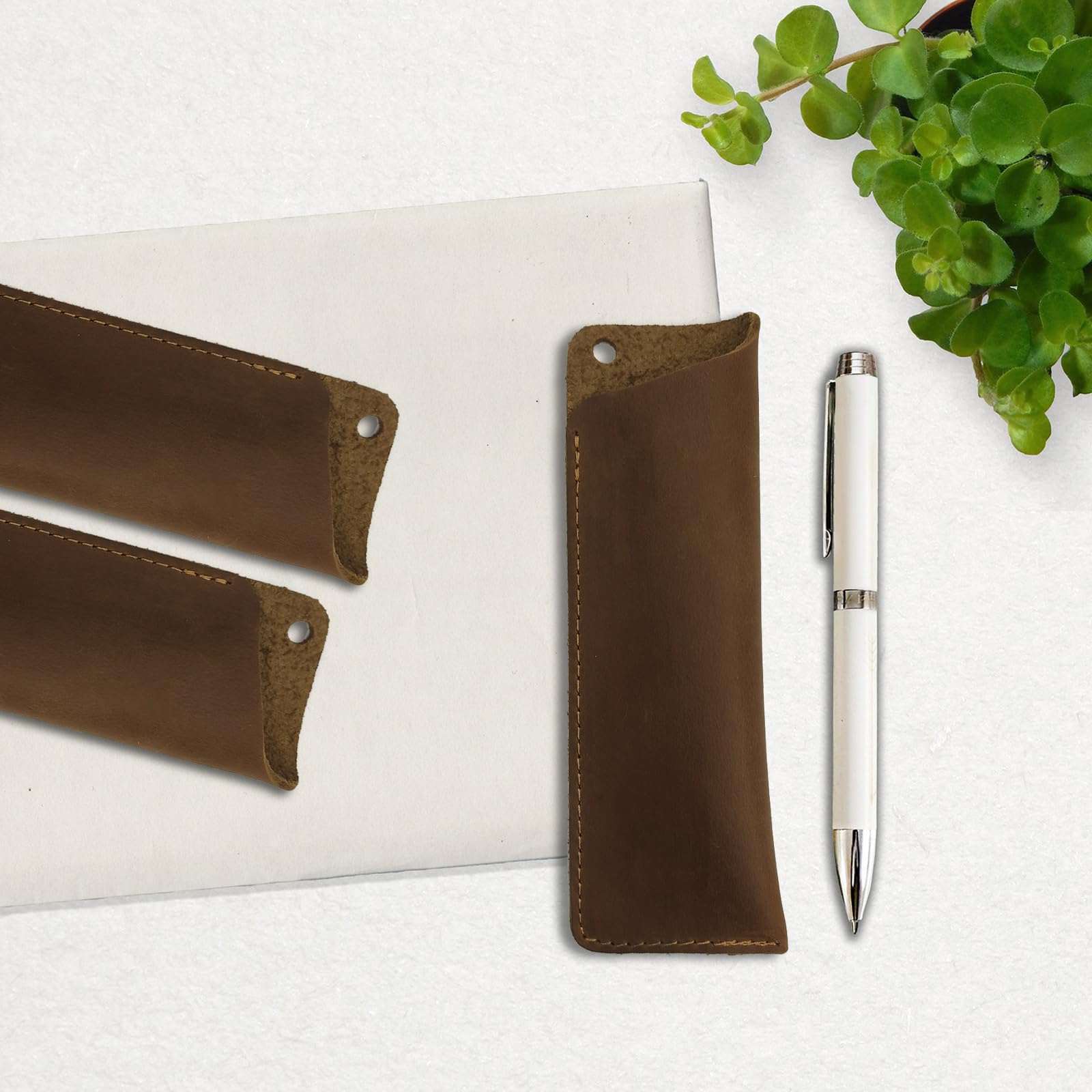Etui na długopisy z prawdziwej skóry, ręcznie robiony podwójny piórnik fontanna, ołówki, pokrowiec ochronny na duże długopisy, Bourbon brązowy, Vintage