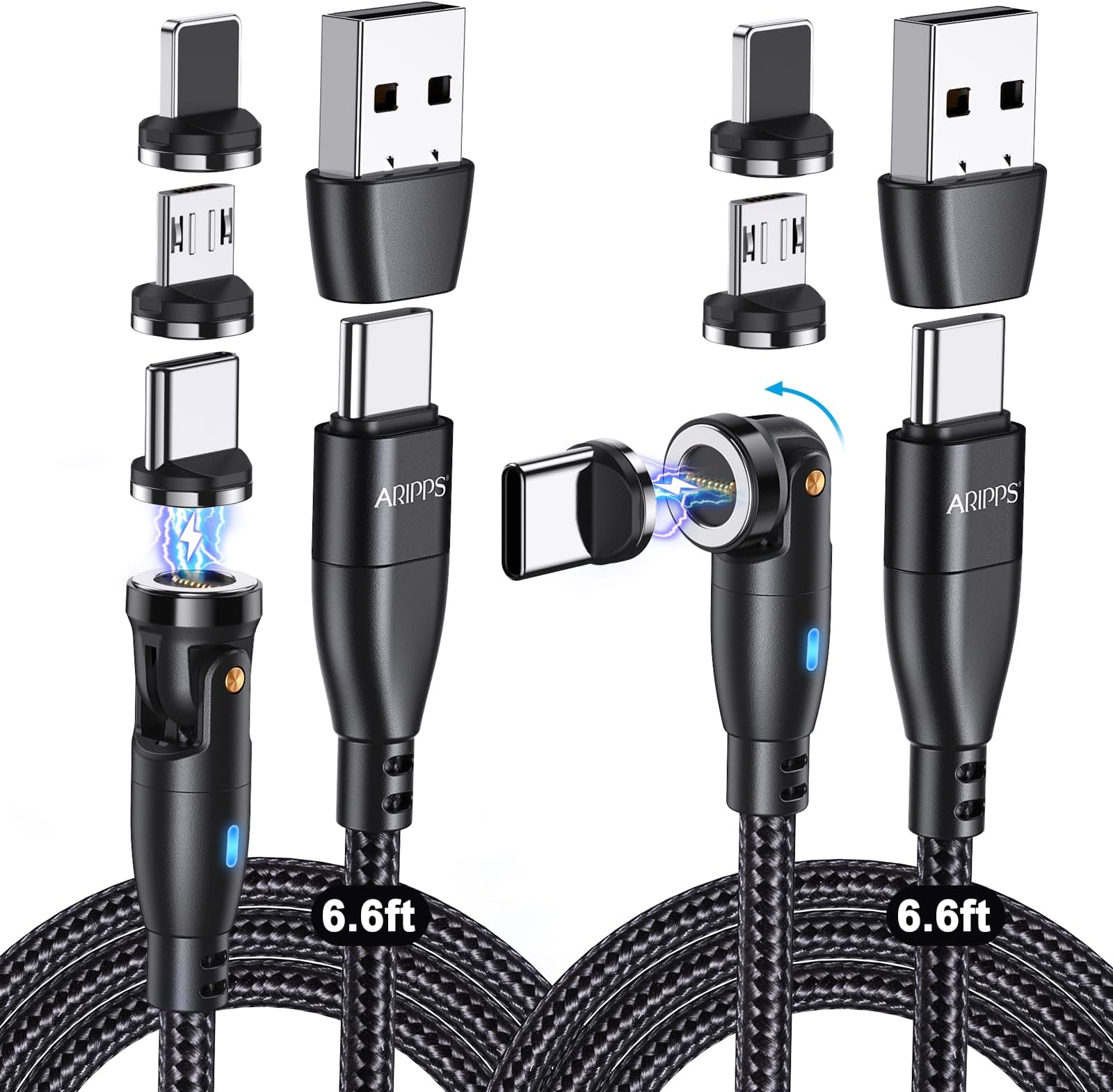 60W USB C Magnetic Charging Cable (6.6ft, 2Pack), 540° Fast Charging Magnetic Charging Cable, 6 in 1 USB C/A to Type C Magnetic Cable for Type C/Micro USB/i-Products