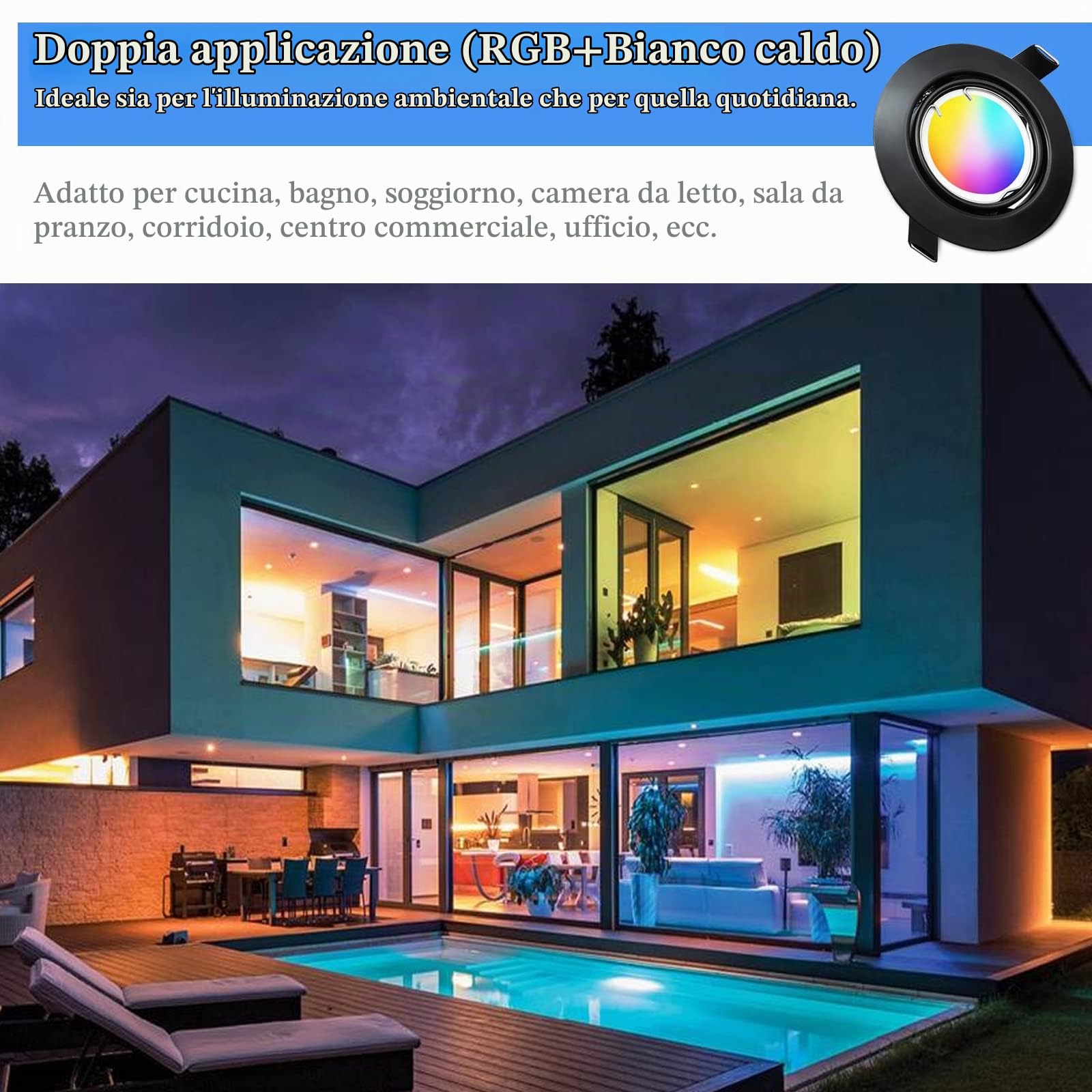 KYOTECH Faretti LED da Incasso per Cartongesso RGB Orientabile 5W Bianco Caldo 3000K 400LM Dimmerabile con Telecomando Plafoniere LED Soffitto Faretto Incasso Ultrasottili Nero Set da 6