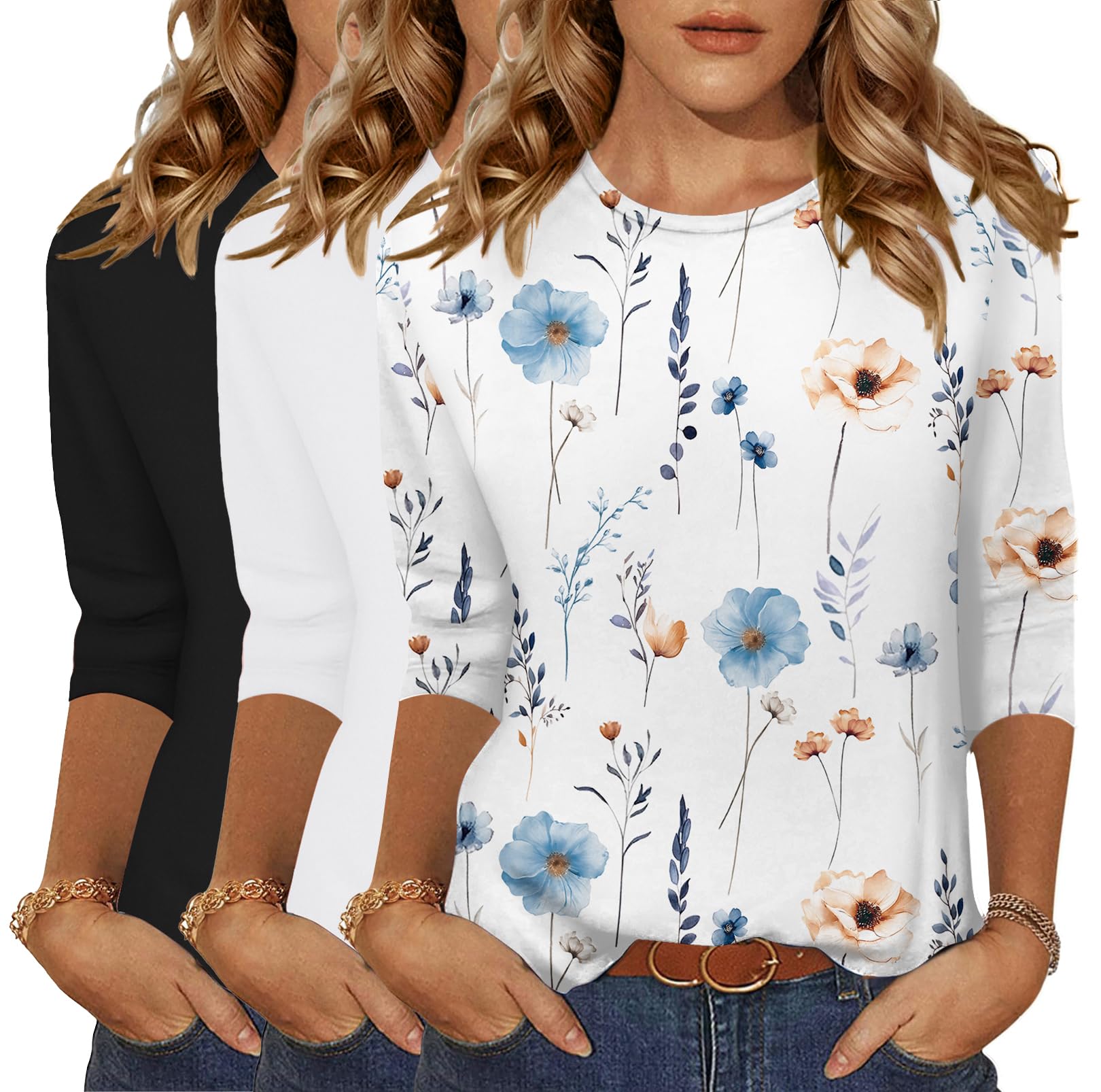 Zeagoo Tops for Women 3 Pack 3/4 Sleeve Crewneck Cute Basics Tees Casual Fashion Summer Fall T Shirts Business Work Tee Top