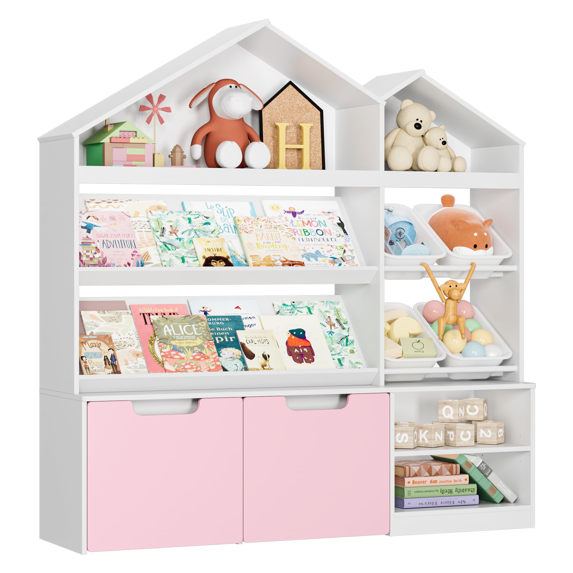 Toy Organizers and Storage, Small Bookcase and Pink Bookshelf with 2 Drawers and 4 Mobile Toy Boxes, Playroom Organization and Storage, Toy Storage Organizer for Living Room