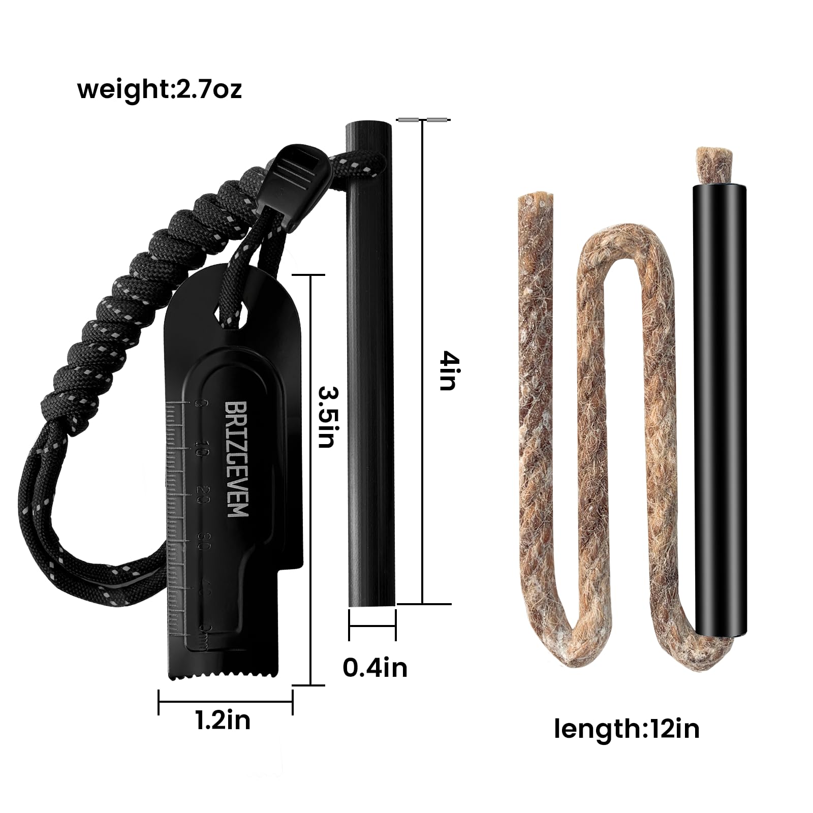 Varilla ferro impermeable de 6 x 1/2 pulgadas y 4 x 3/8 pulgadas, más de 15.000 golpes de acero con cuerda de paracaídas multiherramienta y cuerda encerada extra para camping, senderismo