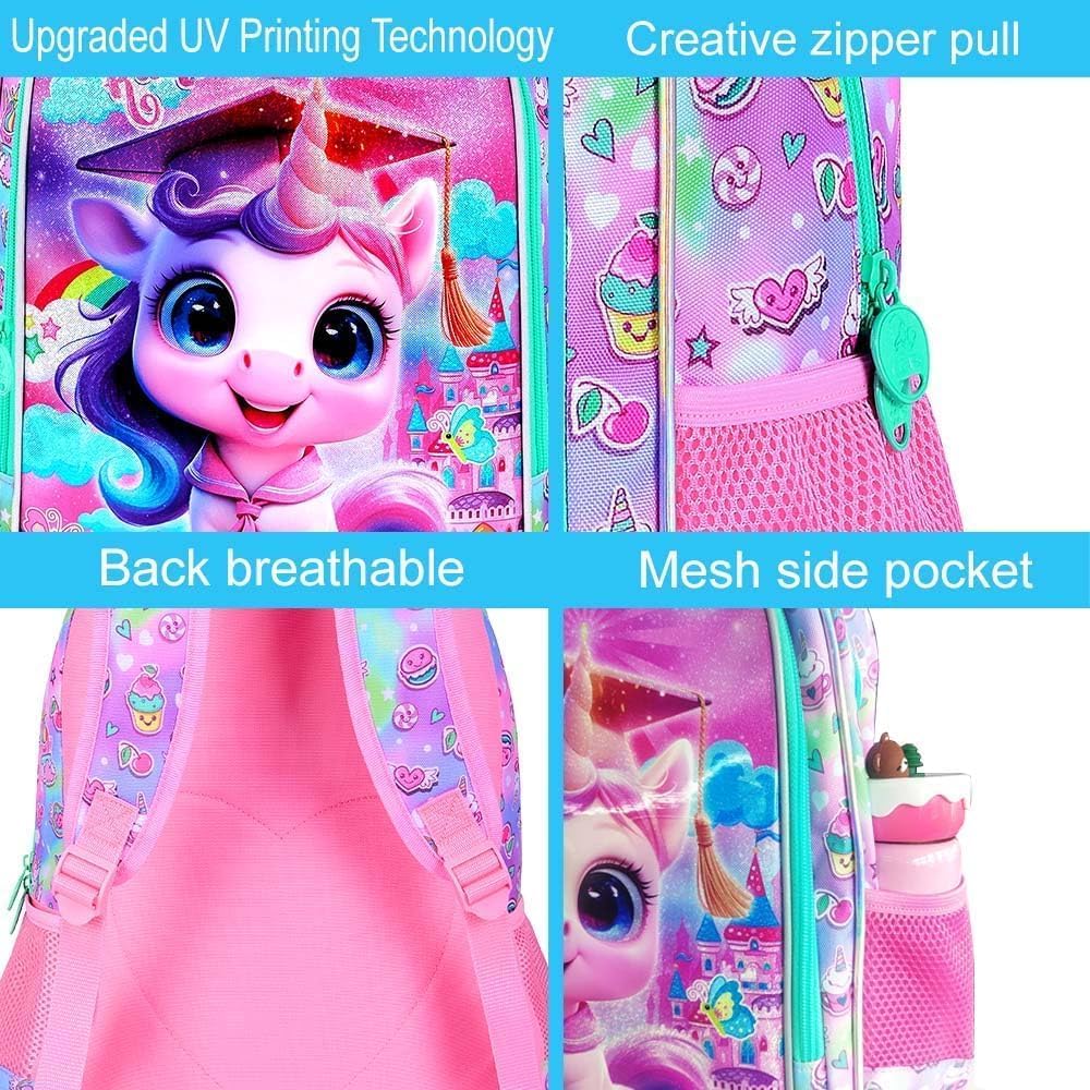 gxtvo 3PCS Unicorn Backpack, 16" Girls Bookbag with Lunch Box, Kids Water Resistant Elementary Preschool Toddler School Bag - Pink Dr. Unicorn - Image 5