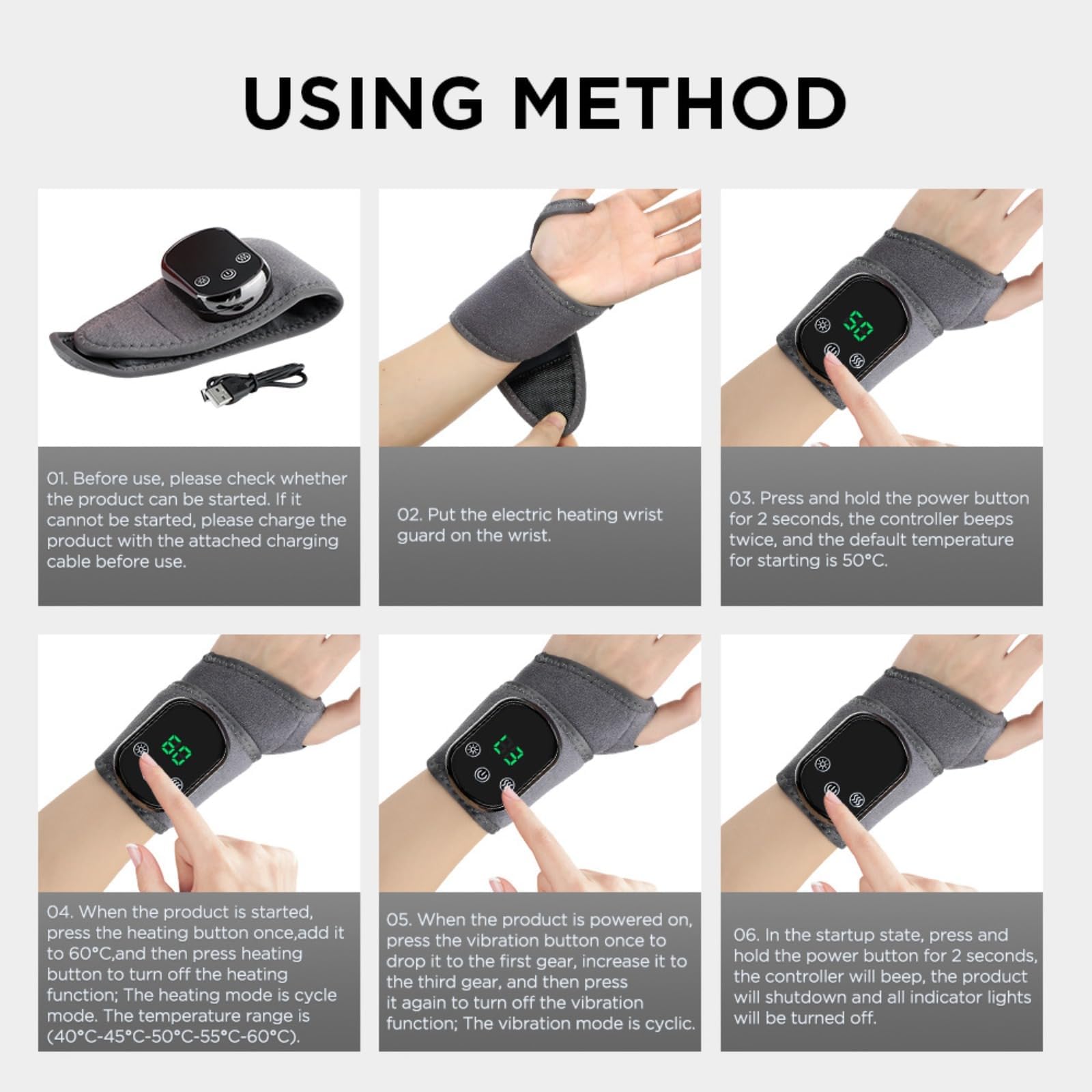 Masajeador eléctrico de muñeca,Almohadilla Térmica Para Muñeca,Masajeador Vibratorio Y Calentador Recargable,Masajeador De MuñEca Ajustable Paraalivios De Artriti, Tendinitis (Gray)