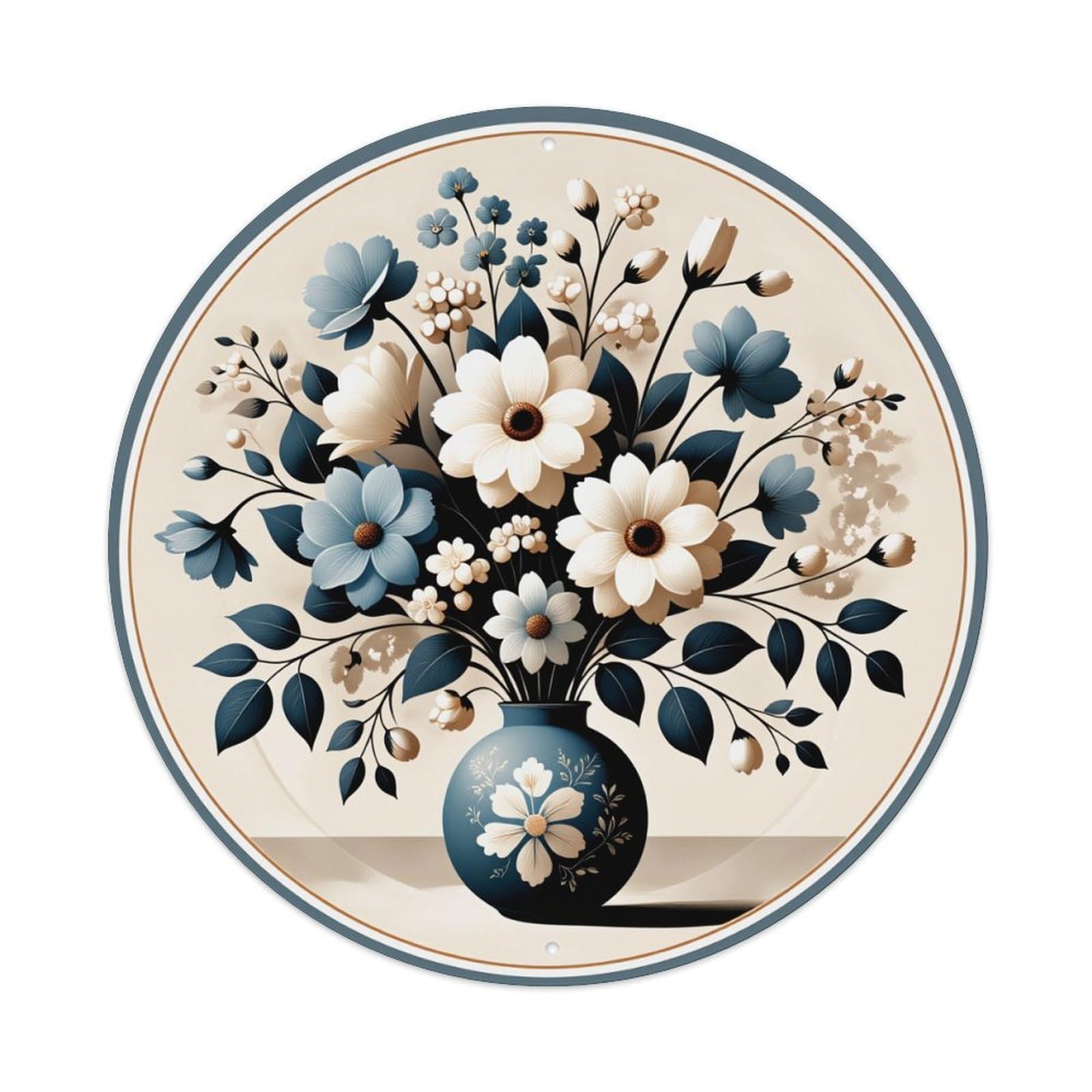 Floral Vase Blue White Pattern Round Tin Sign Vintage Metal Poster, Home Bar Garage Man Cave Cafe Indoor & Outdoor Wall Decoration 8x8Inches