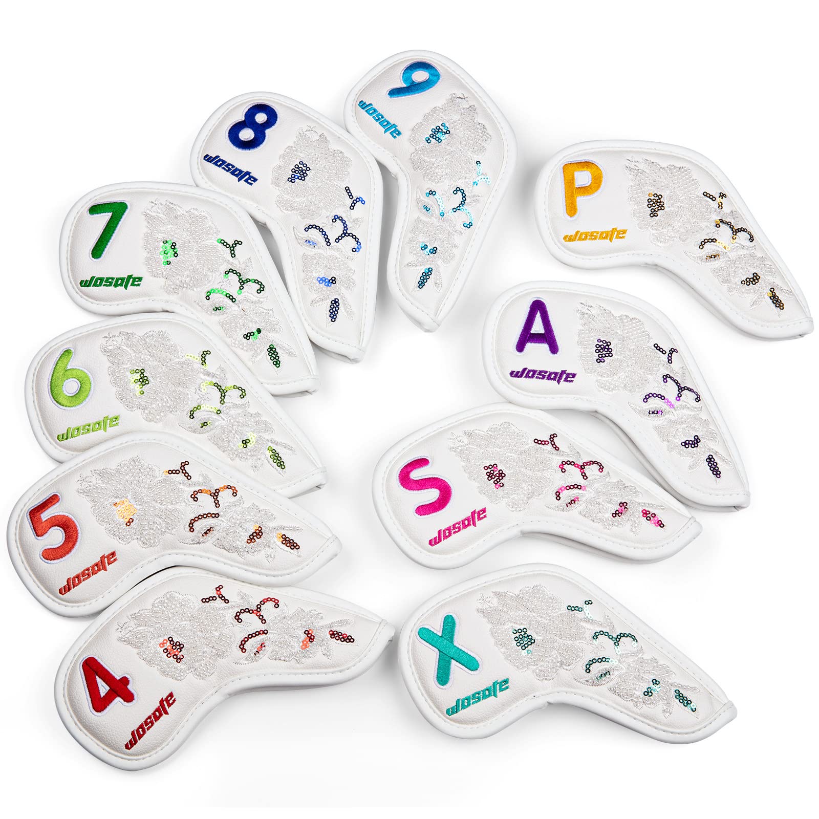 10 Teile/Satz Golf Eisen Headcovers PU Pailletten Stickerei Weiches Plüschfutter Schutzhülle Kopfbedeckung Magic Tape Verschluss Sportzubehör,White