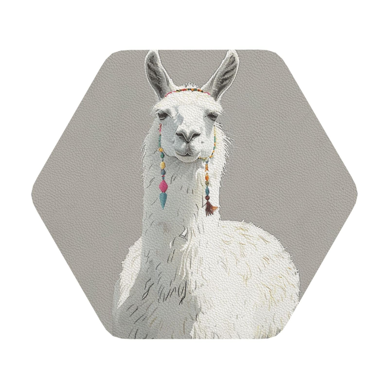 Llama print Print Leather Coaster Set of 6, Hexagon Coasters Table Decorative Coffee Cup Beverage Coasters Wine Beer Bar Coasters for Hot Drinks Table Protection