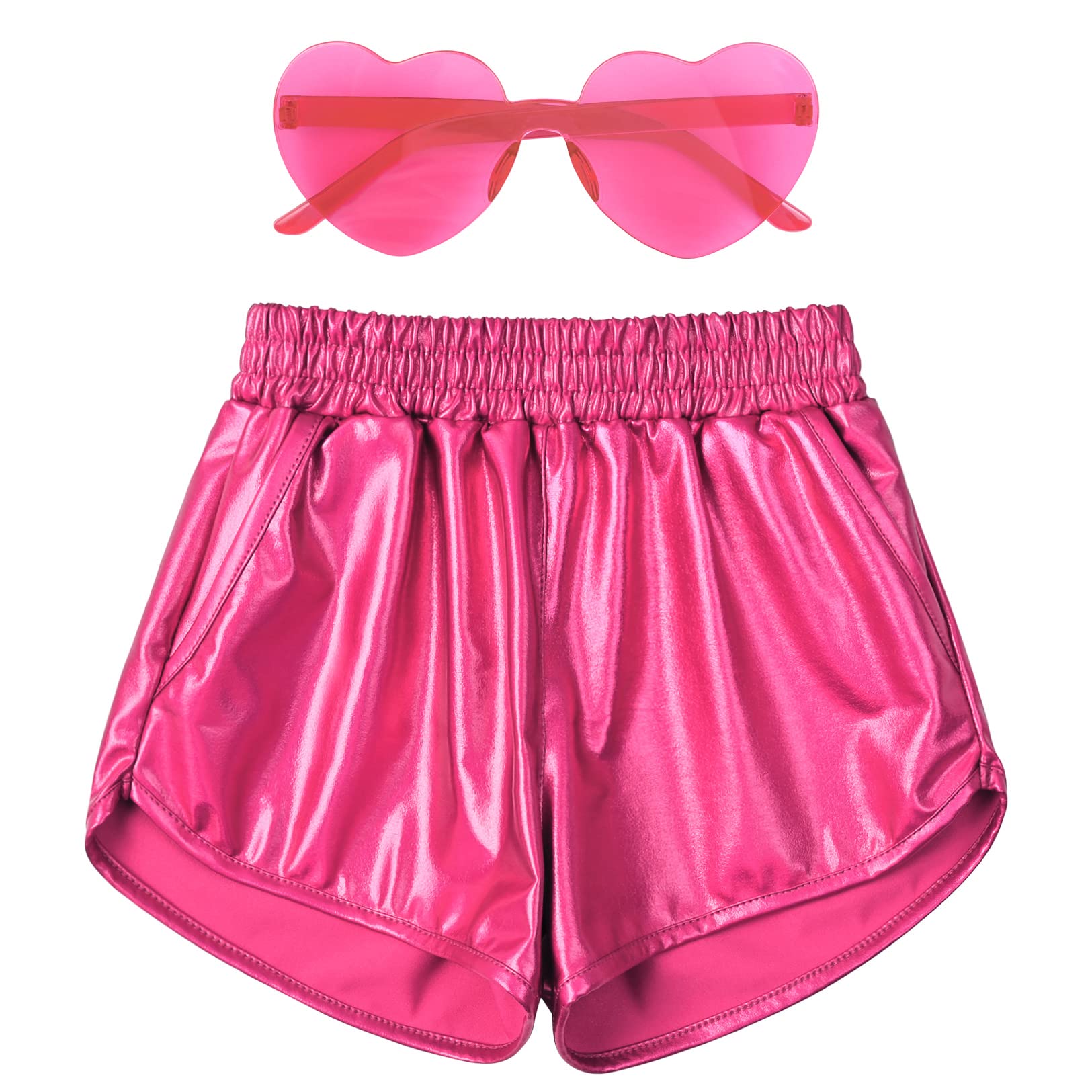 Mirawise Girls Metallic Shorts Shiny Hot Pants Sparkly Dance Outfits Short Pants with Sunglasses