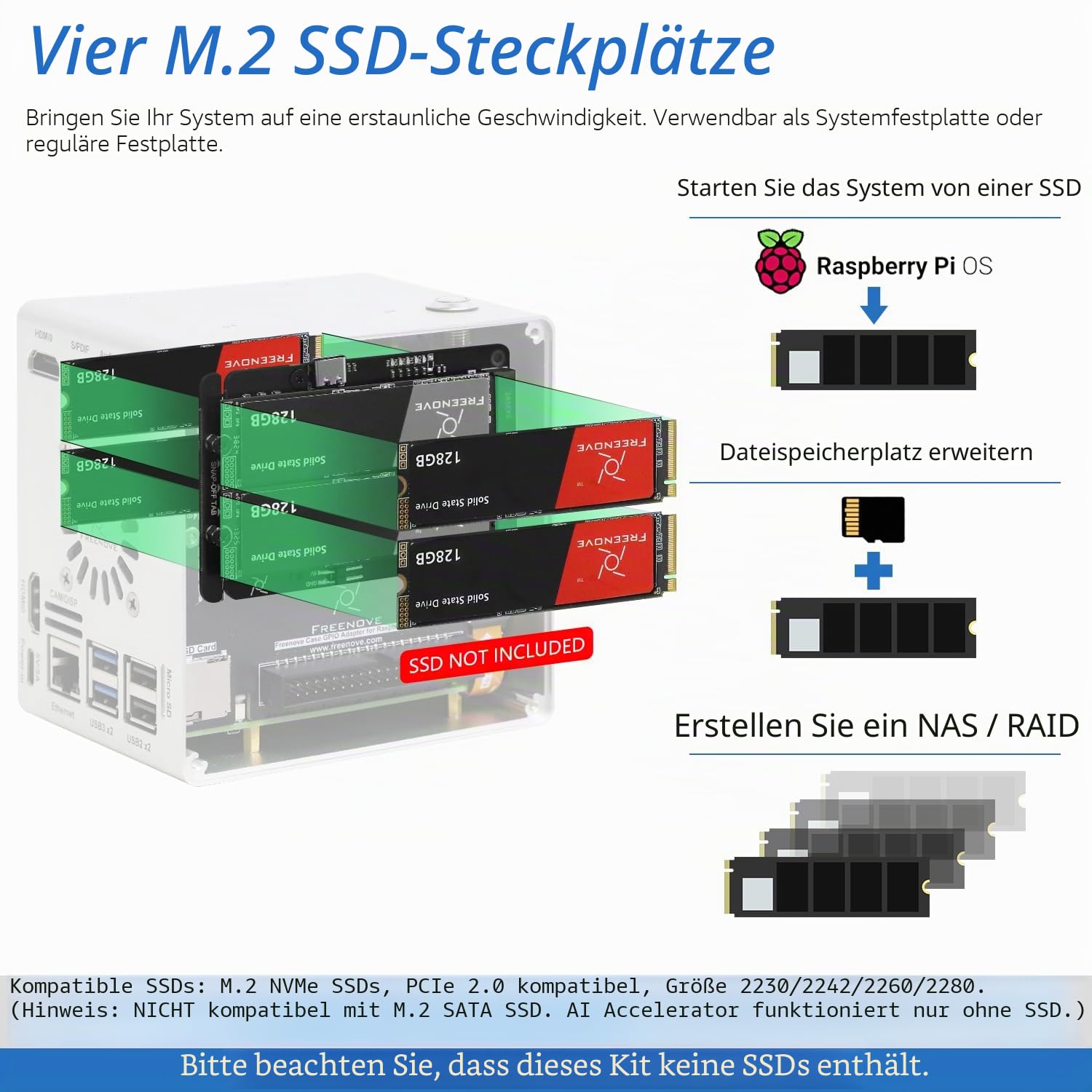 FREENOVE NAS Case for Raspberry Pi 5 (NOT Included), Quad M.2 NVMe SSD Slots, PWM ARGB Fans Light Sync, CPU Tower Cooler, Built-in Stereo Speakers, 3.5 mm and Optical Audio (S/PDIF) Outputs