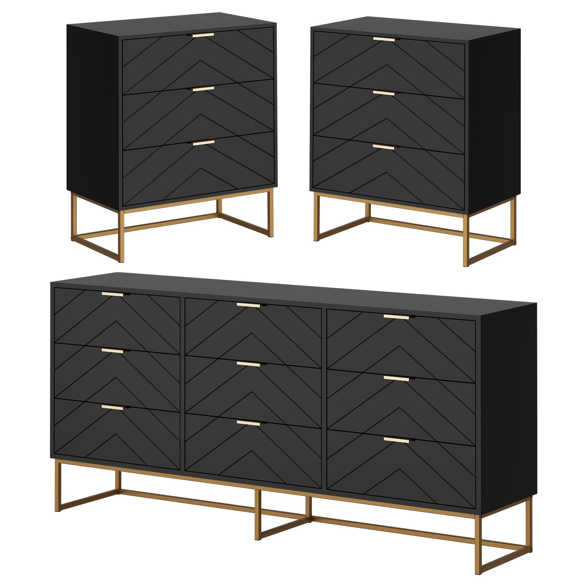 Scurrty 9 Drawer Chest Storage with 3 Drawers Set for Bedroom, Modern Bedroom Furniture Set, 3 Storage Combo for Bedroom (Black)