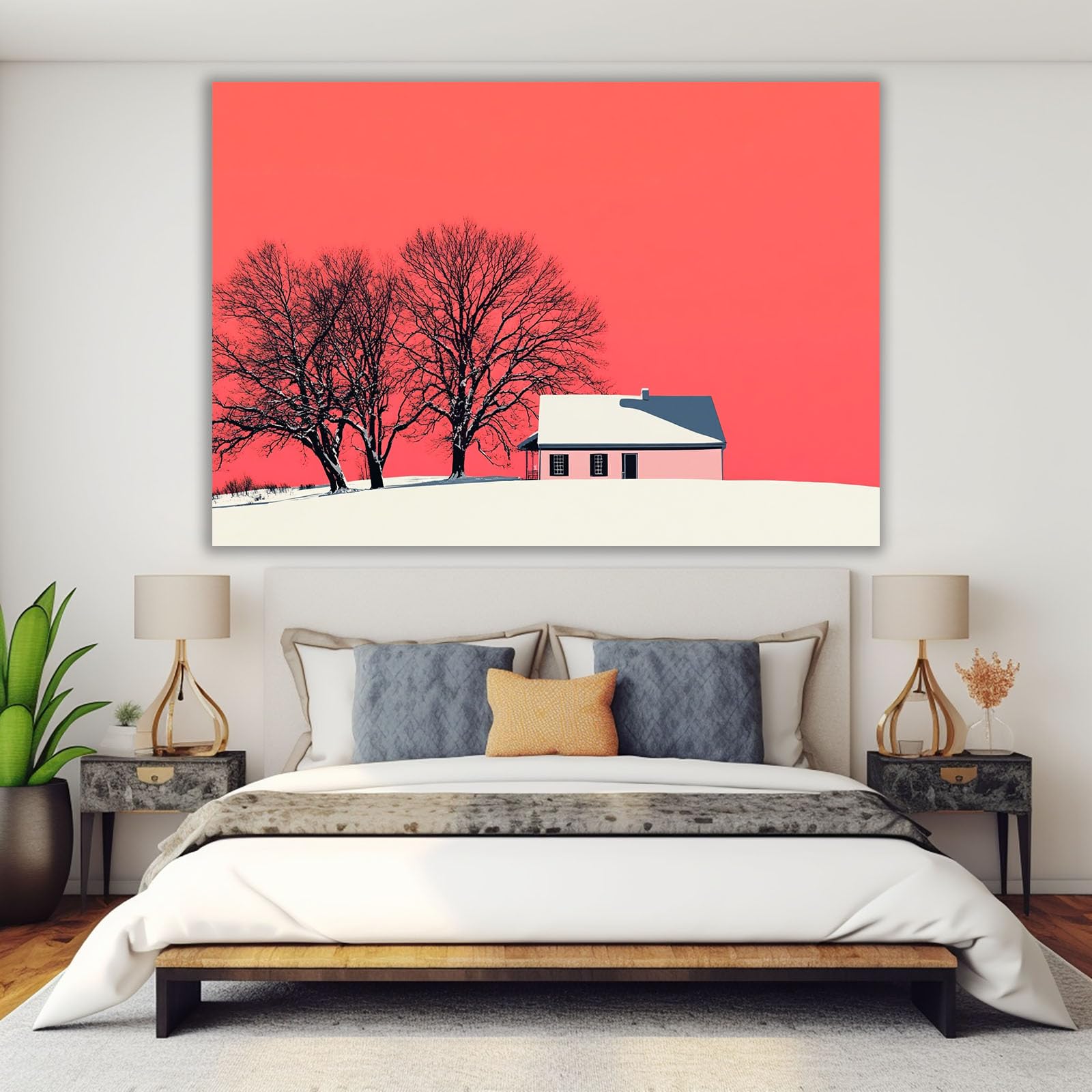 WIKEO Cuadros Dormitorios Modernos Cabaña Natural del Árbol Lienzos Decorativos para Pasillo Dormitorio Baño Entrada Sala de yoga（Rojo 1-70x100cm Sin marco