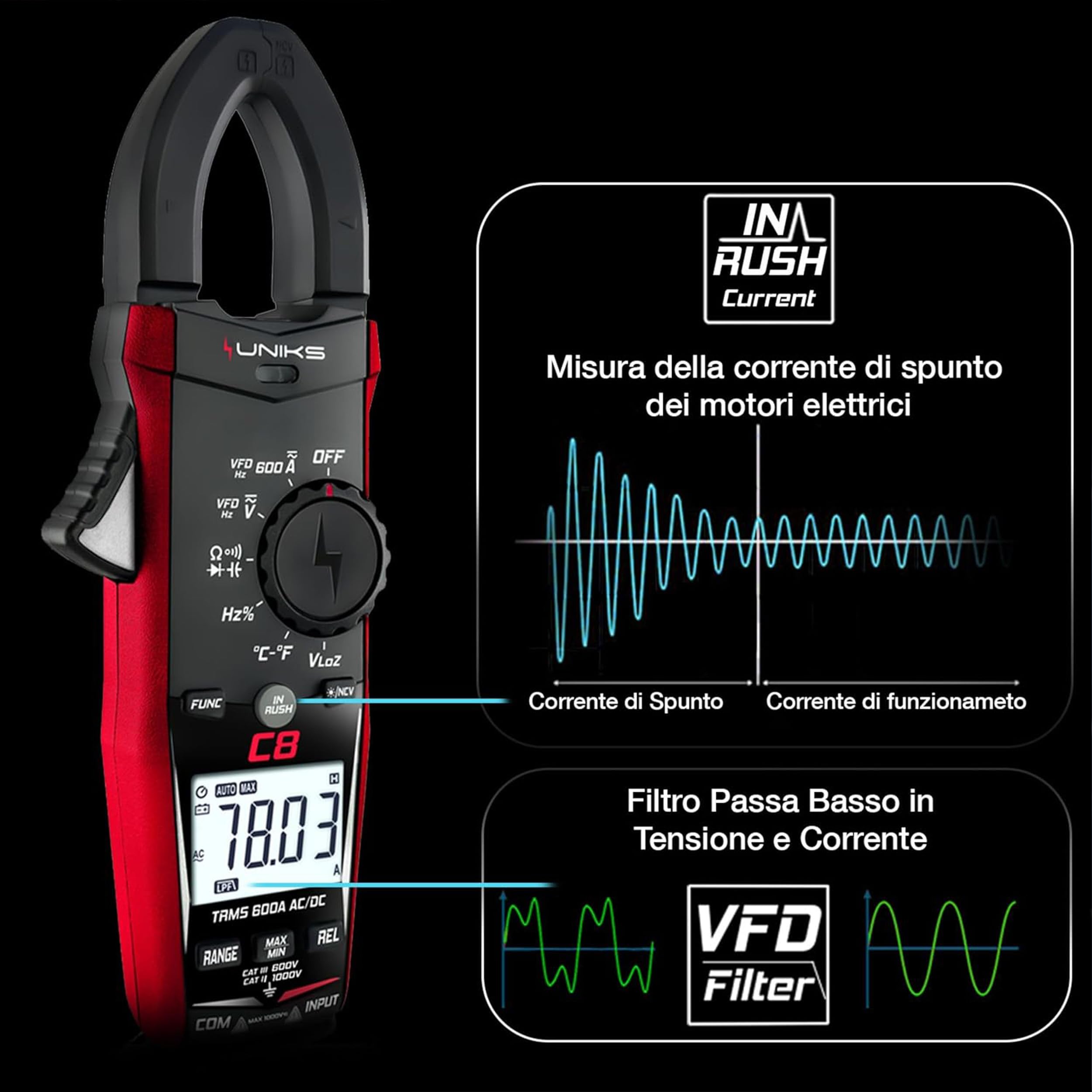 UNIKS - Pinza Amperometrica TRMS Digitale C8 - Tester Digitale Professionale 600A - Misuratore Corrente AC-DC Display LCD e Luce LED - Amperometro Ideale per Fotovoltaico