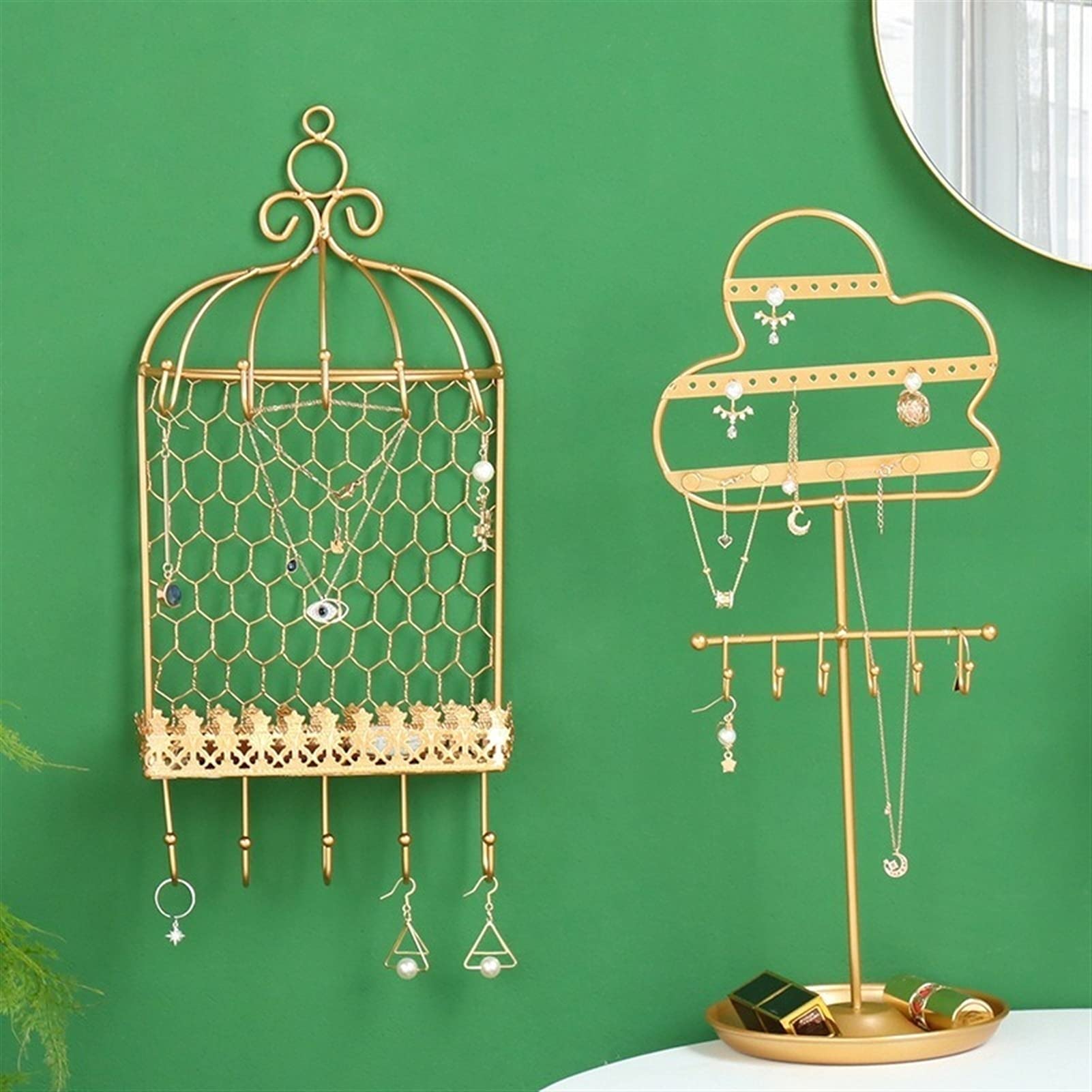 Organizador de joyas creativo para colgar en forma de torre, de hierro forjado dorado, de lujo, para habitación de niña, para escritorio, para colgar pendientes, soporte de exhibición, cajas de j
