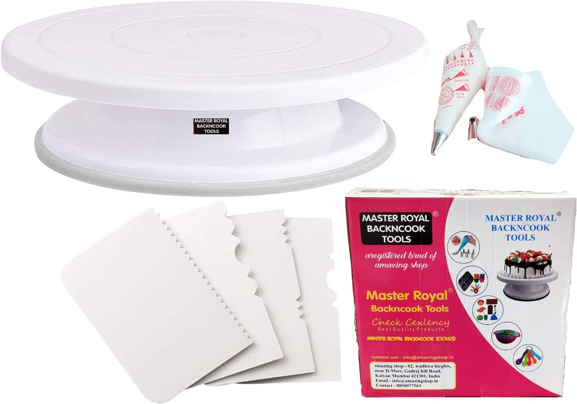 Master Royal Backncook Tools Cake Plastic Turntable Revolving Cake Decorating Stand Cake Stand Sugarcraft 28cm and 4pc Cake Decorating Fondant Tools and Icing Bags (Made in India;White)