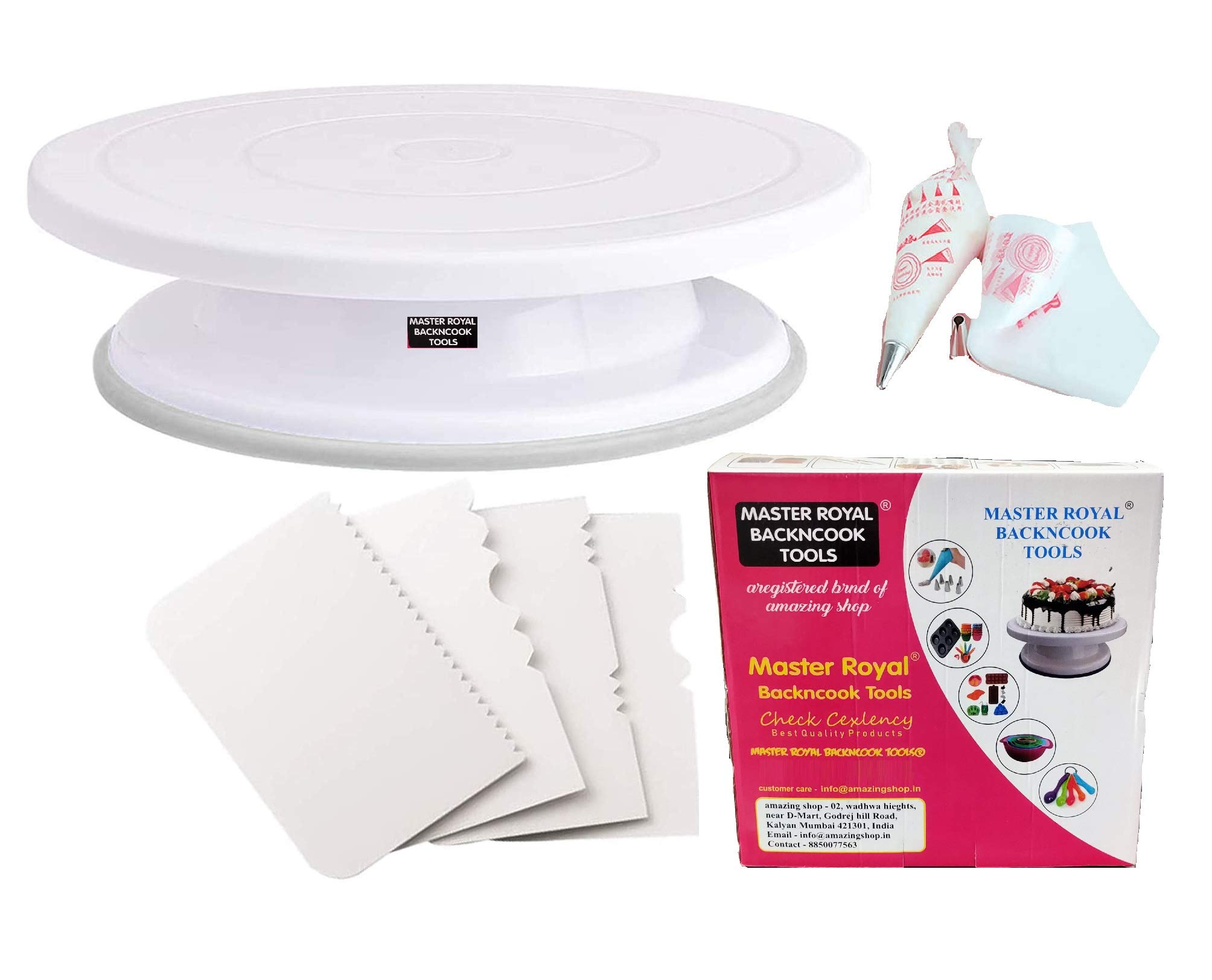 Master Royal Backncook Tools Cake Plastic Turntable Revolving Cake Decorating Stand Cake Stand Sugarcraft 28cm and 4pc Cake Decorating Fondant Tools and Icing Bags (Made in India;White)