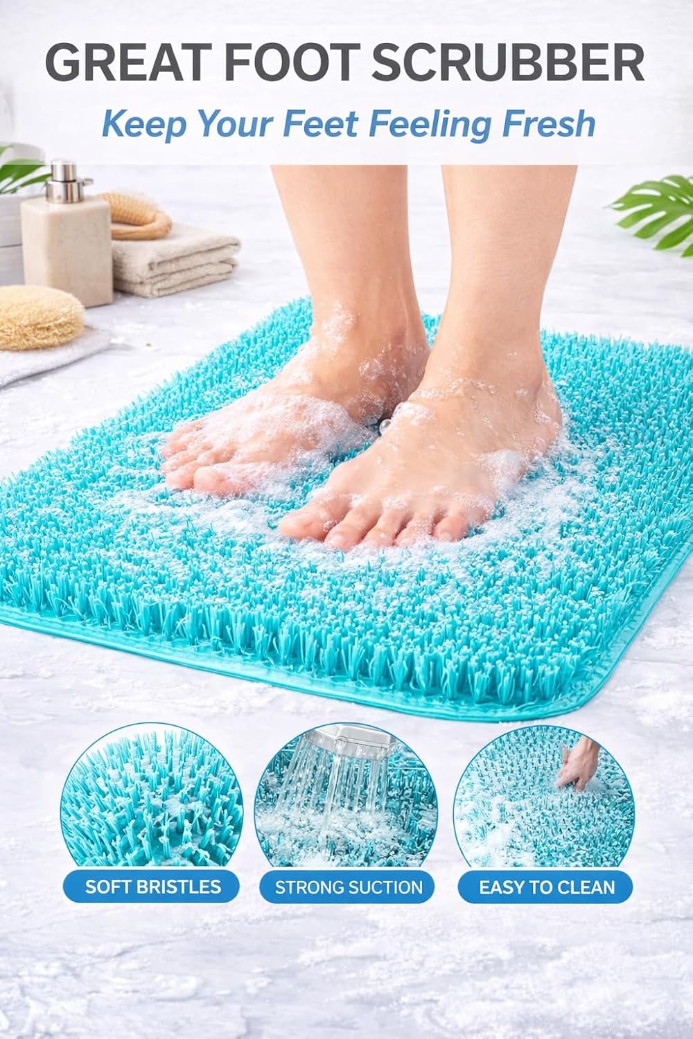 Grass Textured Spa Quality Foot Scrubber Bathmat Bathroom Tub & Bath Mat Anti-Slip 24.5" x 13.5" Turquoise