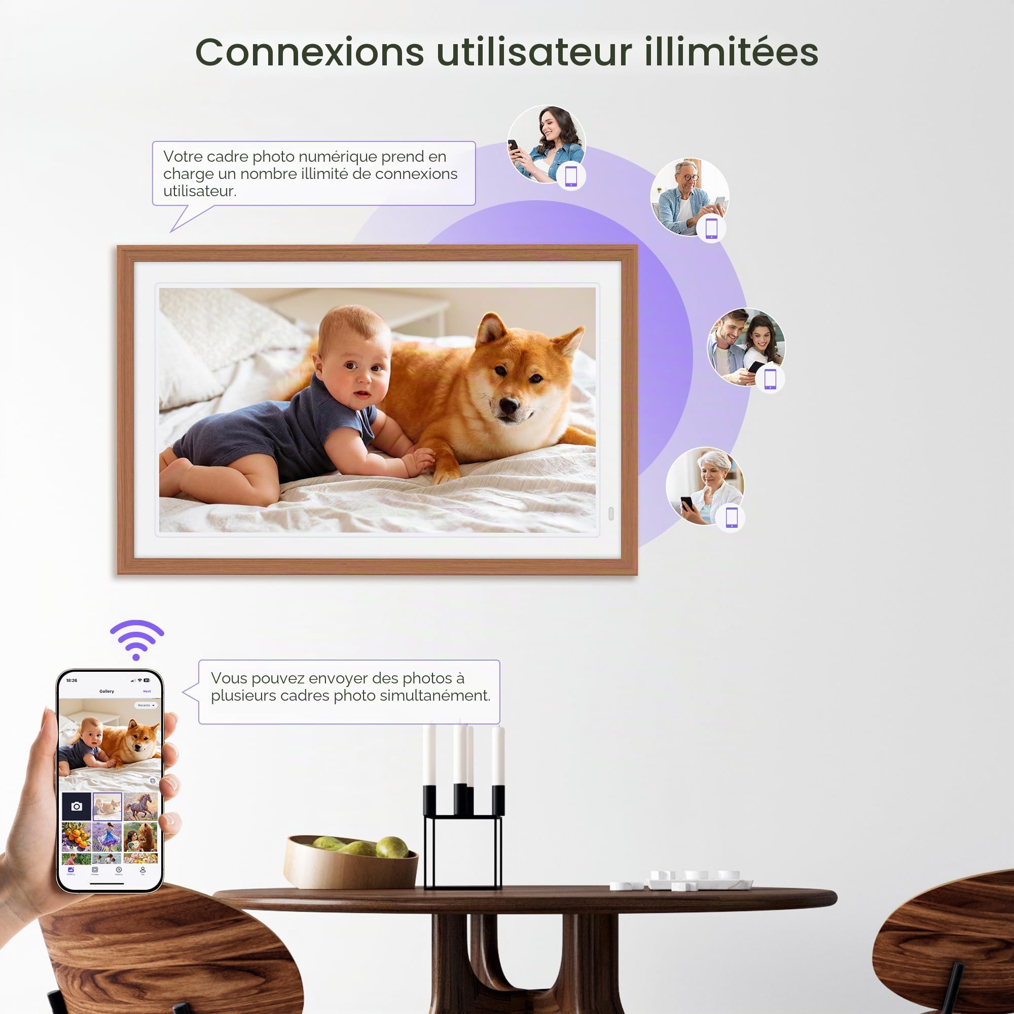 Cadre photo numérique 64 Go 21,5" avec cadre intérieur blanc - FHD 1920 x 1080P IPS - Rotation automatique - Partagez des photos/vidéos instantanément