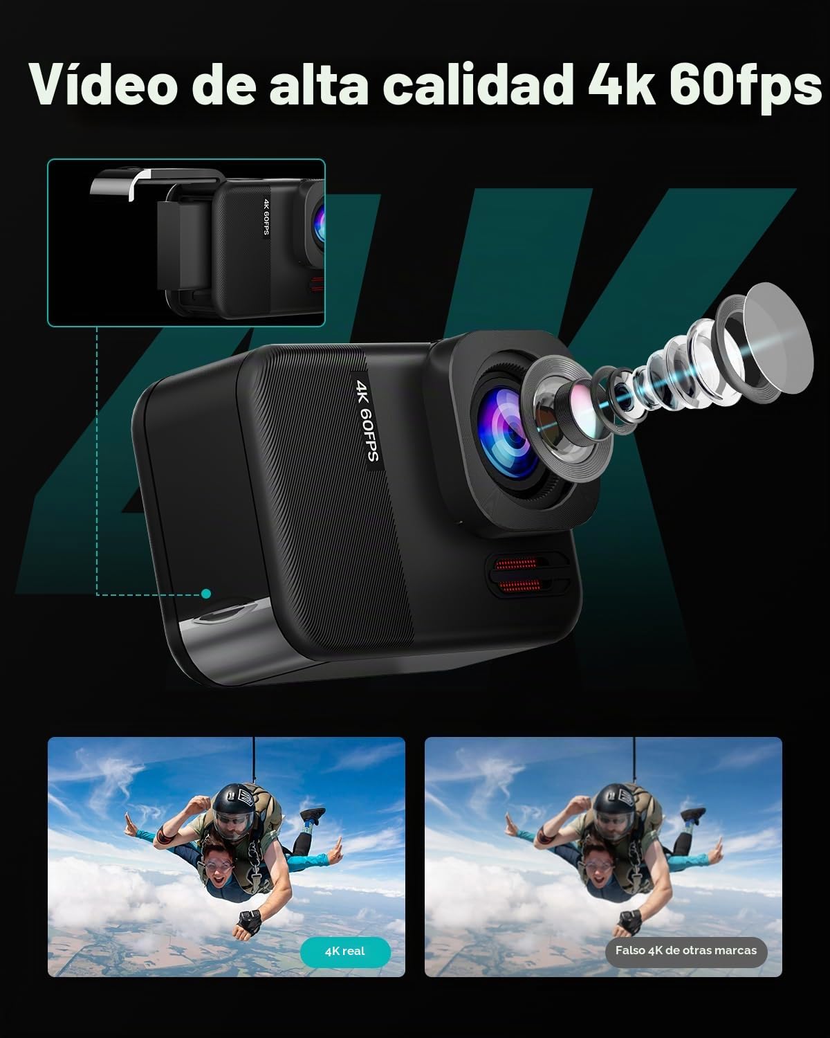 4K60fps Cámara Acuatica Pantalla Táctil - Cámara Subacuática 10M con 64G Tarjeta SD, HD 48MP WiFi Cámara Deportes Estabilización 6-Axis,8X Zoom Cámara de Acción con Casco Accesorios