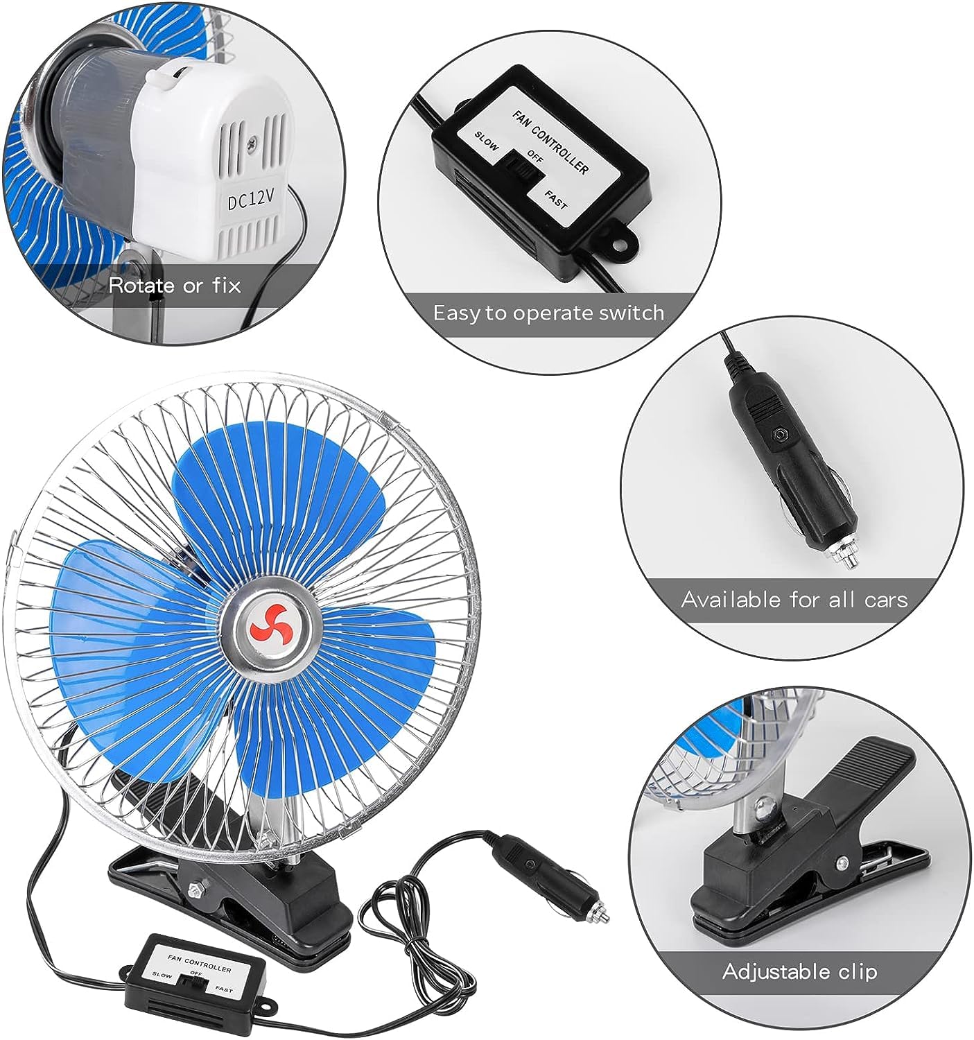 Generico Ventilatore Auto a Clip 12V 8" Ventola di Raffreddamento per Auto Ventola 360° velocità Continua Ventola di Raffreddamento Automatico a Basso Rumore per Veicoli