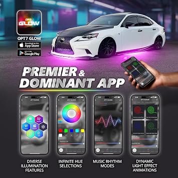 OPT7 Aura Pro RGB Aluminum Car Underglow Kit with App & Remote Control | Waterproof Rigid Light Bars, Multicolor Music Sync Lighting, Neon Accent Underbody Lights, Exterior Car Gifts, 12V