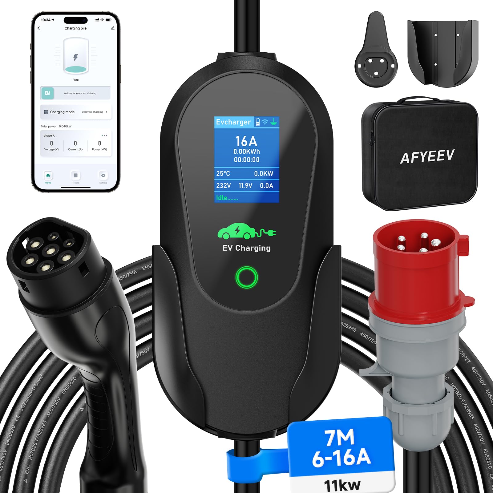 AFYEEV Mobile Wallbox 11kW, Typ 2 Ladekabel CEE Stecker, 3-Phasig, 7M, 6-16A,Tragbares EV-Ladegerät und Mobile Wallbox Ladestation für IEC 62196-2