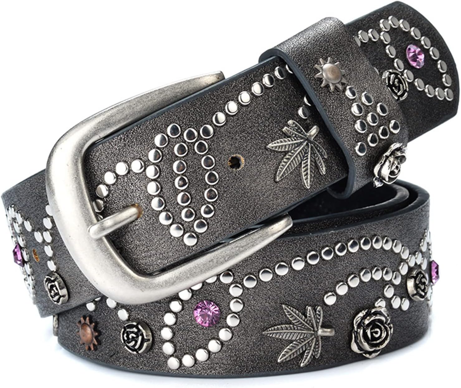 Rhinestone Studded Belt for Jeans, Western Shiny Crystal Mixed Flowers Leaves Rivets 1 1/2" Wide Waist Band for Women (110cm/waist:36"~38", Gray)