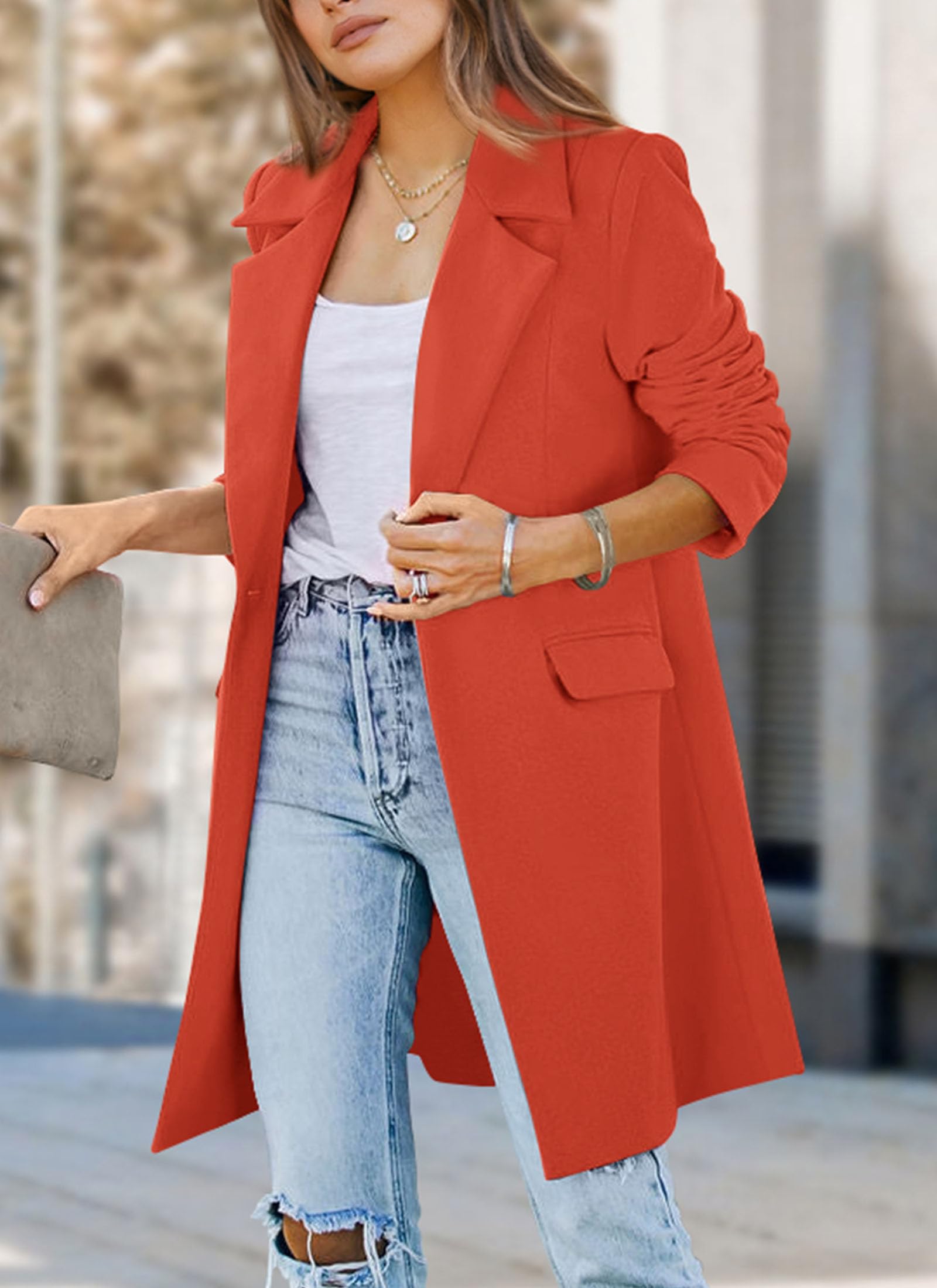 PRETTYGARDEN Women's Business Casual Long Blazer Jackets(Orange Red,S) view 6