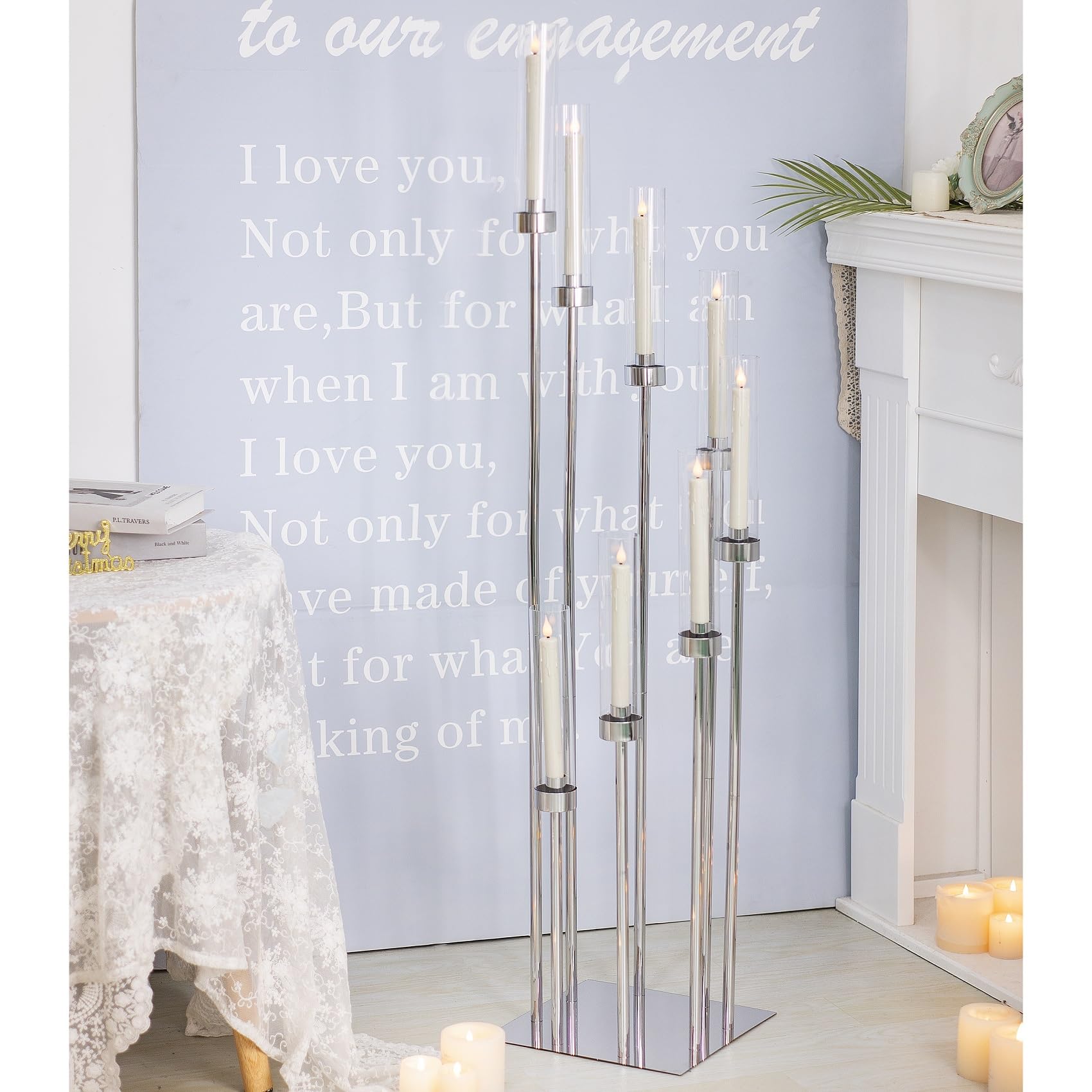 Portacandele da pavimento con paralume in acrilico, alto 125 cm, per candele LED coniche, centrotavola dorato per tavolo, matrimoni, feste, eventi, ricevimenti, decorazione per la casa (argento)