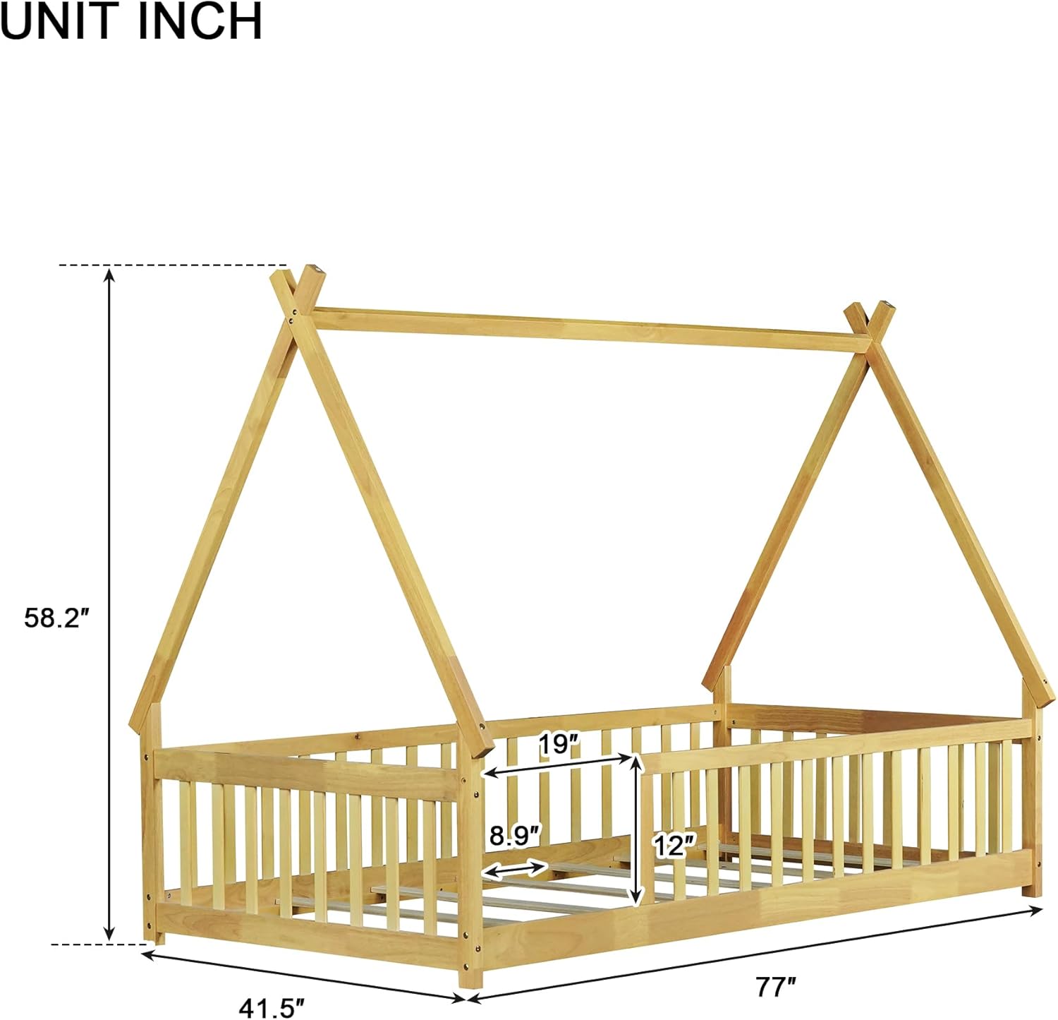 Twin Size Tent Floor Bed for Kids,Teepee Montessori Floor Bed with Fence and Slats for Girls Boys,Natural