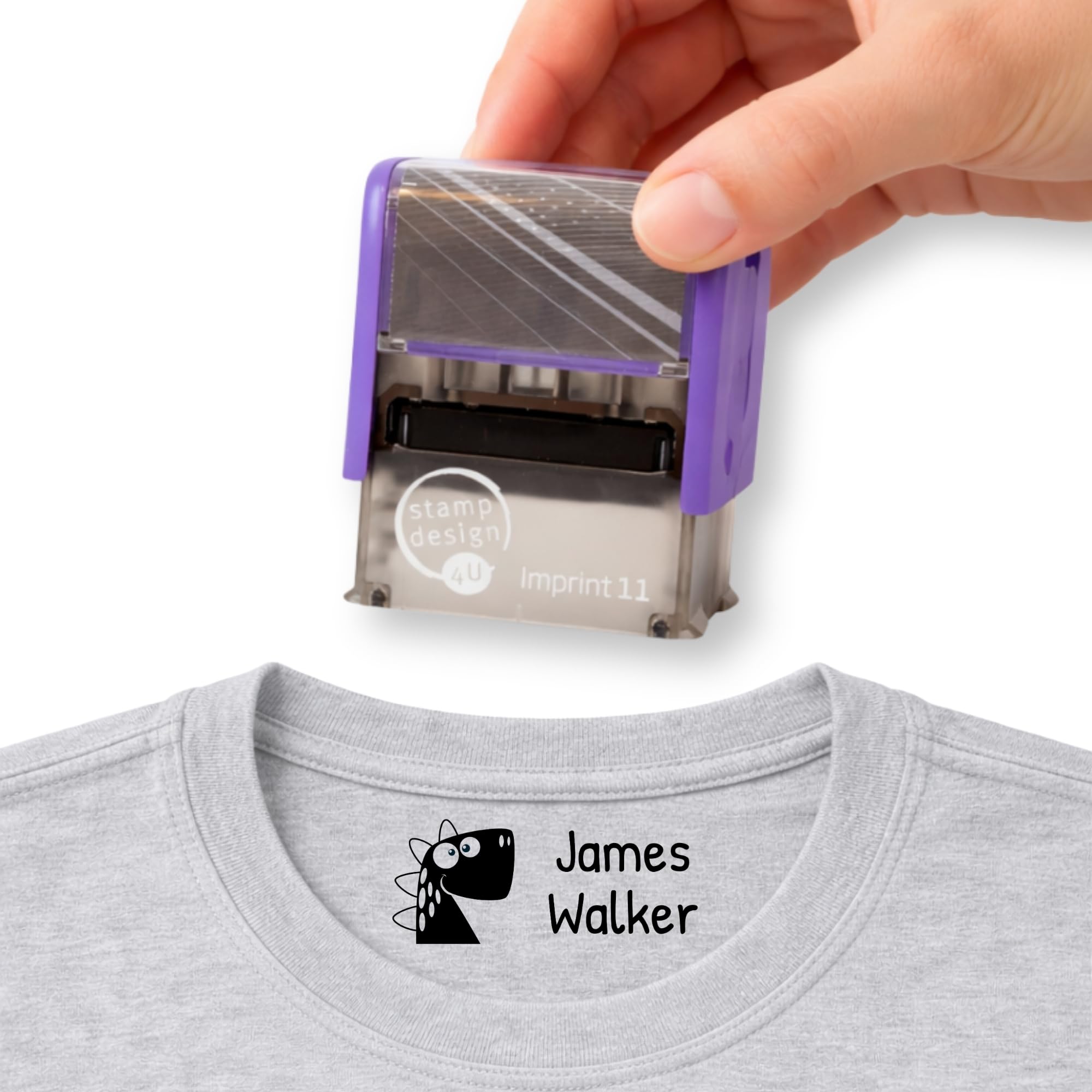 Clothing Name Stamp Custom Textile Stamp for Kids, School Uniforms & Nursery Clothes with Dinosaur Icon