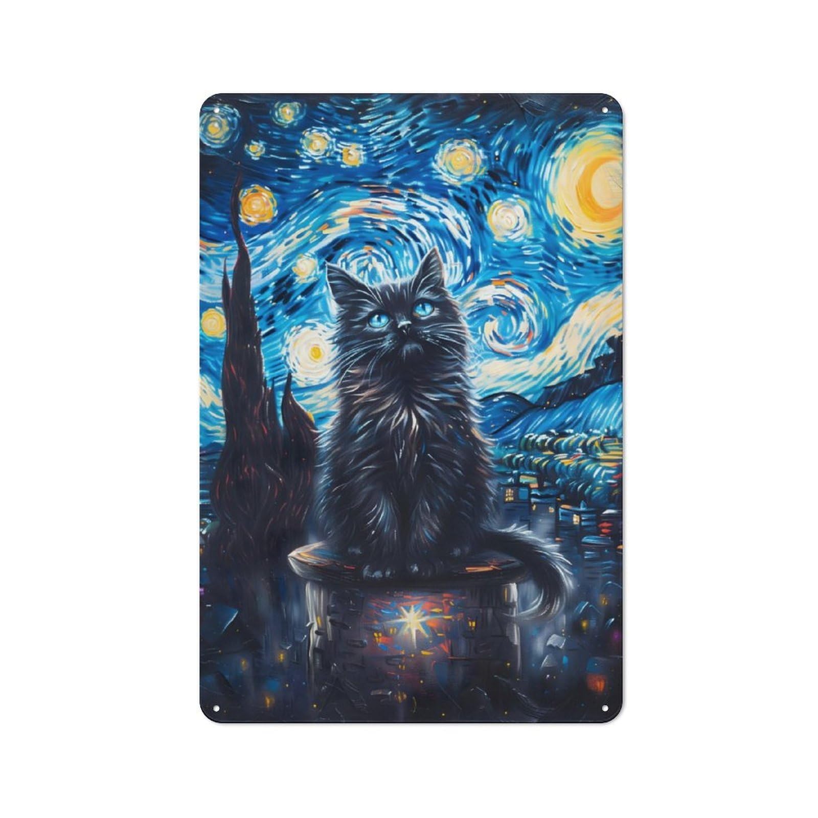 Junmoney Starry Night Cat Retro Metal Sign 30X20cm, Distressed Look Retro Room Decor For Living Room, Hallway, Kitchen Or Cafe