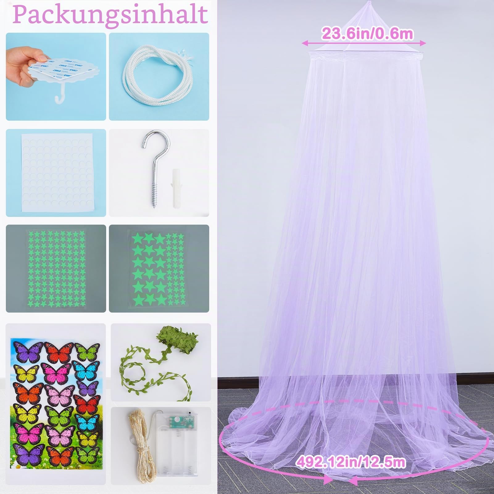 MHJY Prinzessinnenbett Schlafzimmer mit LED Vorhängen, Moskitonetz, Sternen und Schmetterlingen