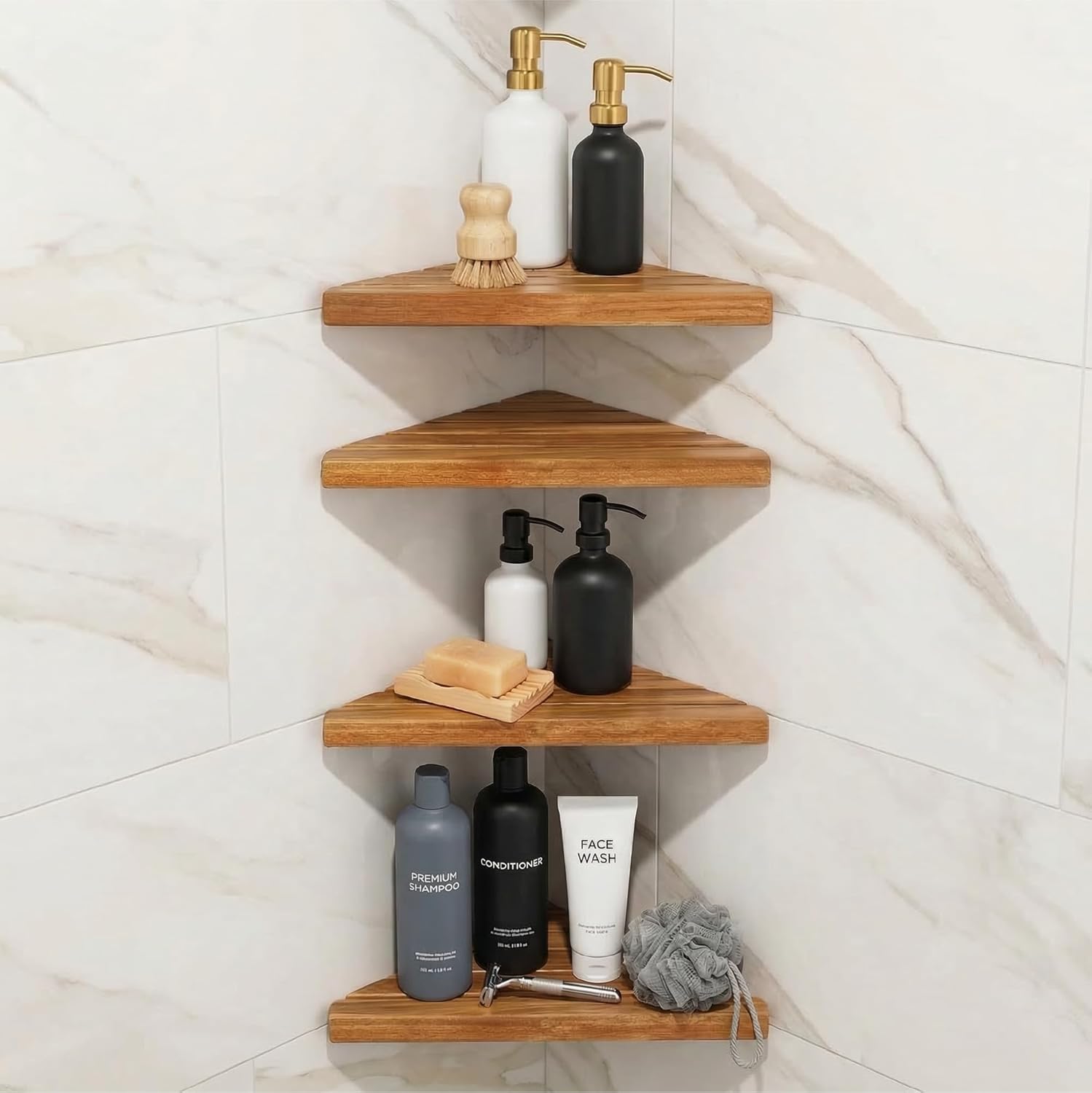 ENKEZI Acacia 2,3,4 Tiers Corner Shower Shelf, Triangular Corner Shelf Wooden Bathroom Shelf for Tiled Wall, Shower Corner Shelf, No Drilling Requied (4)