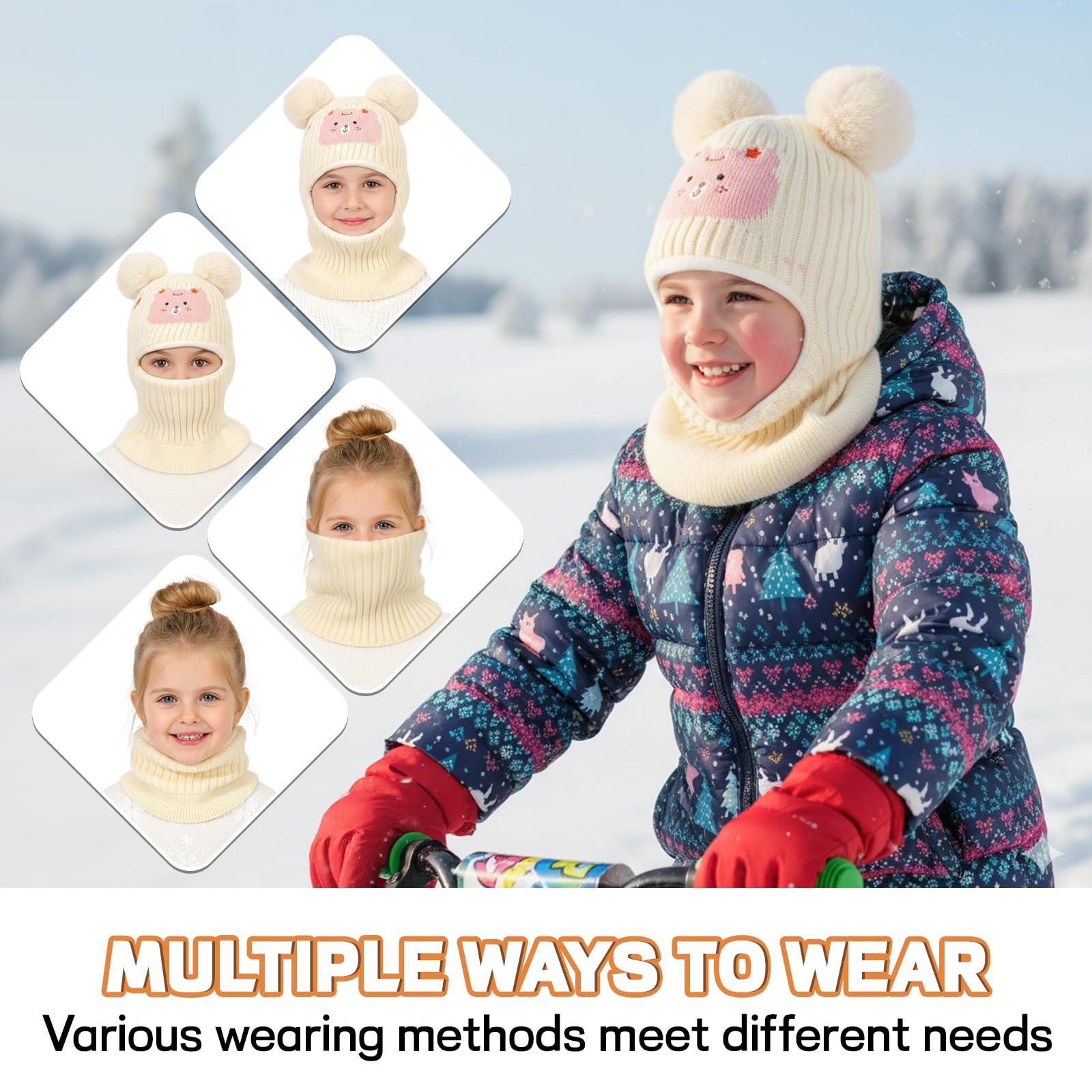 Kinder Wintermütze Sturmhaube für 4-8 Jahre, Multifunktions Thermo Winddichte Strickmütze Halswärmer Schal für Mädchen Jungen, Fleece Gefütterte Schlupfmütze Kapuze für Outdoor-Aktivitäten