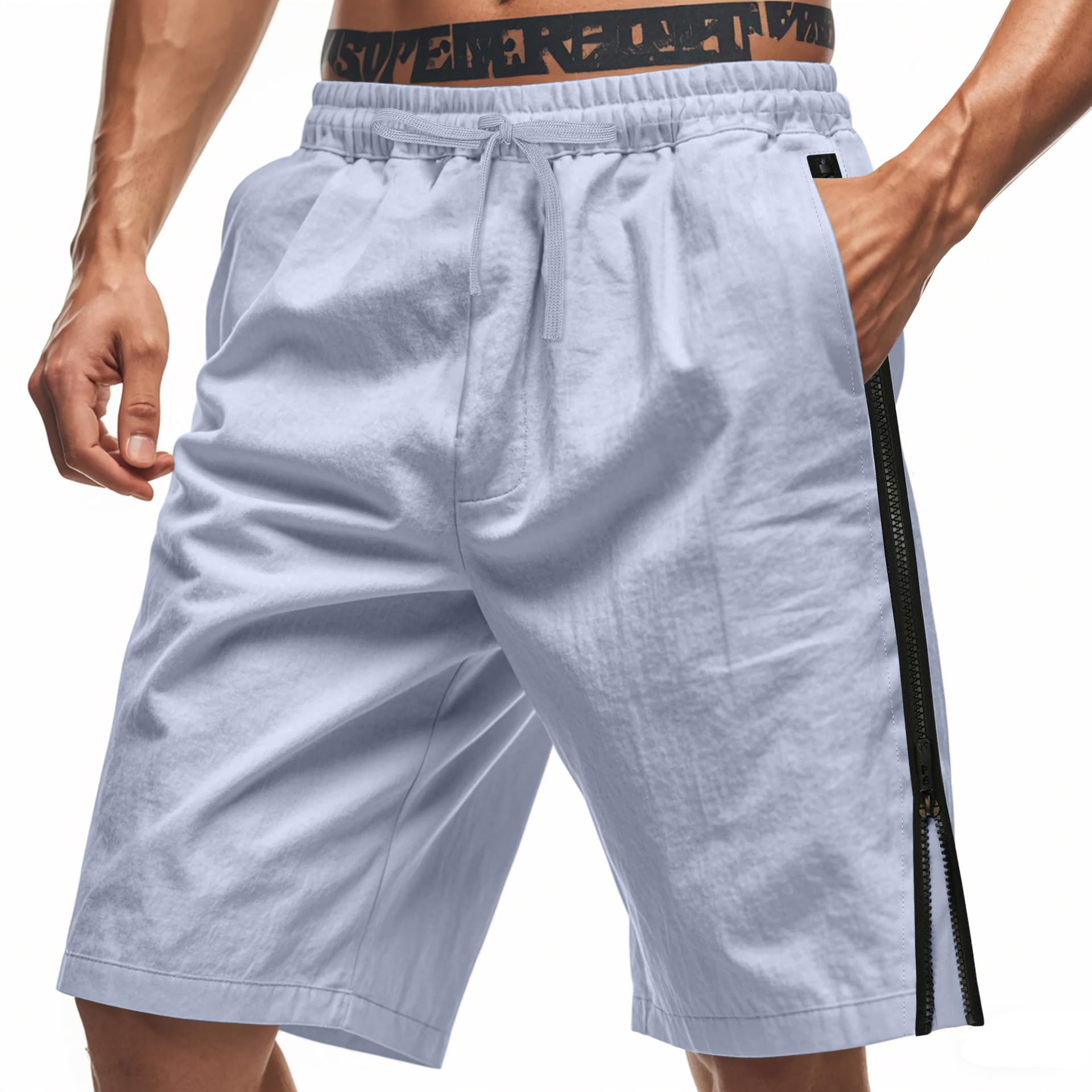 Mens Summer Zipper Bermuda Shorts Solid Color Elastic Waist Drawstring Pants Trend Hawaii Beach Pants with Pocket